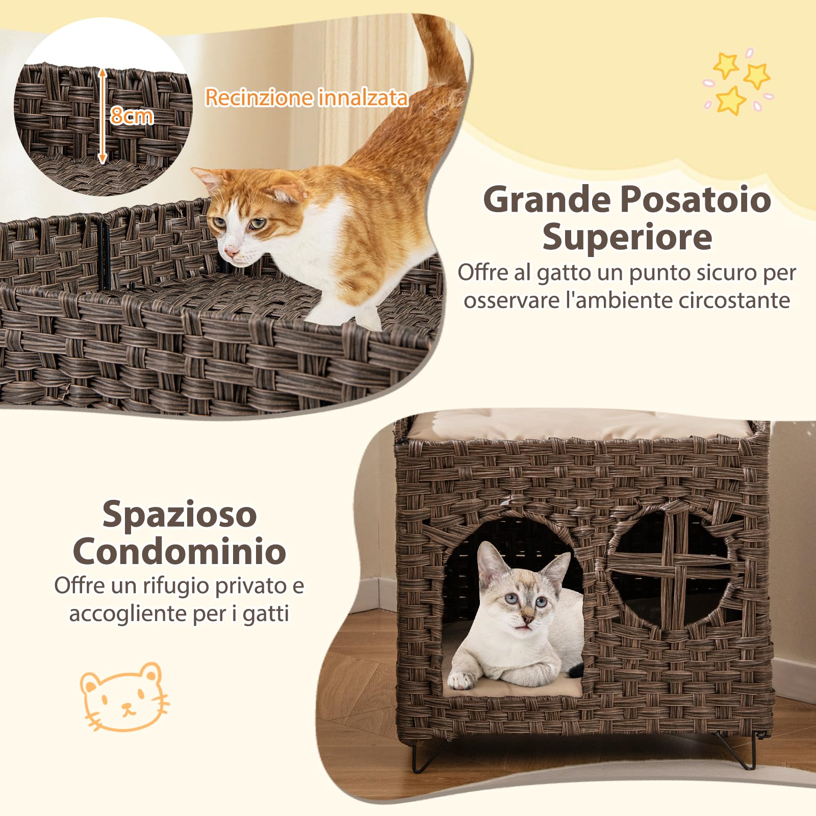 COSTWAY Casetta per Gatti in Rattan 50,5 x 45 x 50 cm, Cuccia a 2 Piani per Gatti con 2 Cuscini, Letto per Animali Domestici per Camera da Letto e Soggiorno