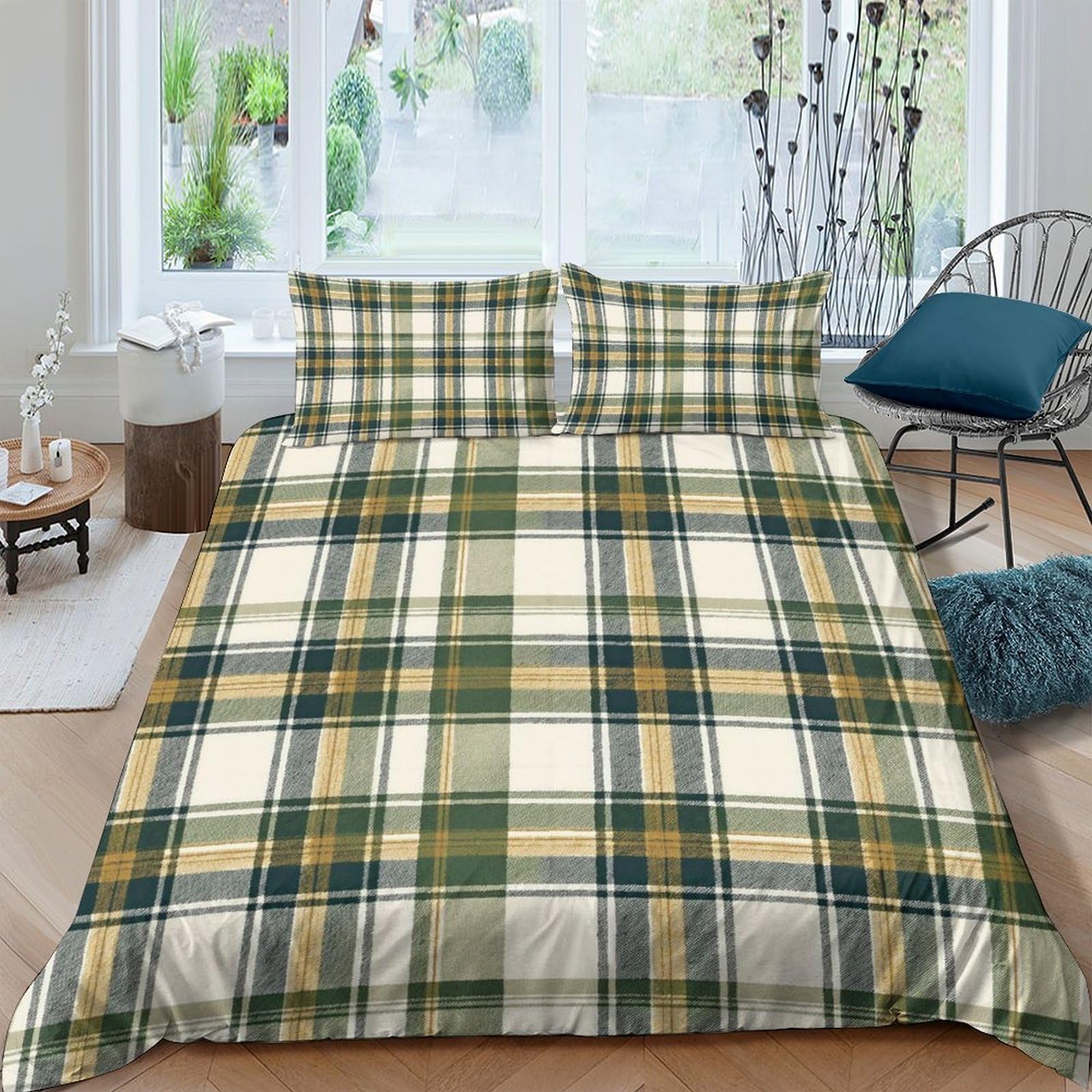 GPLZQXKJNH 3D Printed Green Yellow Plaid Duvet Cover Set Microfiber Breathable Checkered Quilt Cover with 2 Pillowcases for Bedroom Home Decor Single（135x200cm）