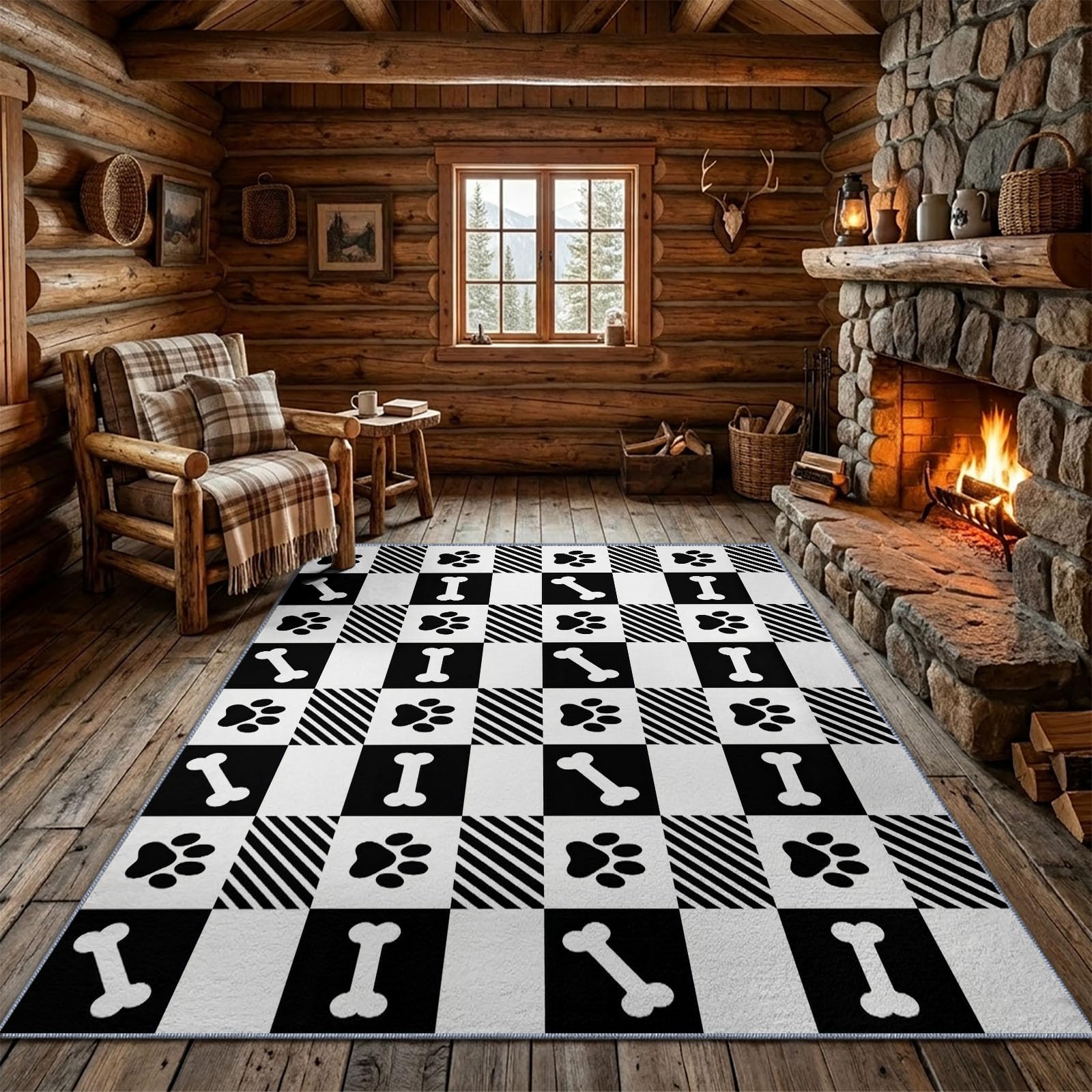 Blanc Tapis Salon 80 x 150 cm, Minimaliste Moderne Lavable en Machine Tapis | Chambre Antidérapant, Damier Empreinte De Patte Os Tapise Bureau Salle a Manger, Doux Poil Ras Rug, Cuisine