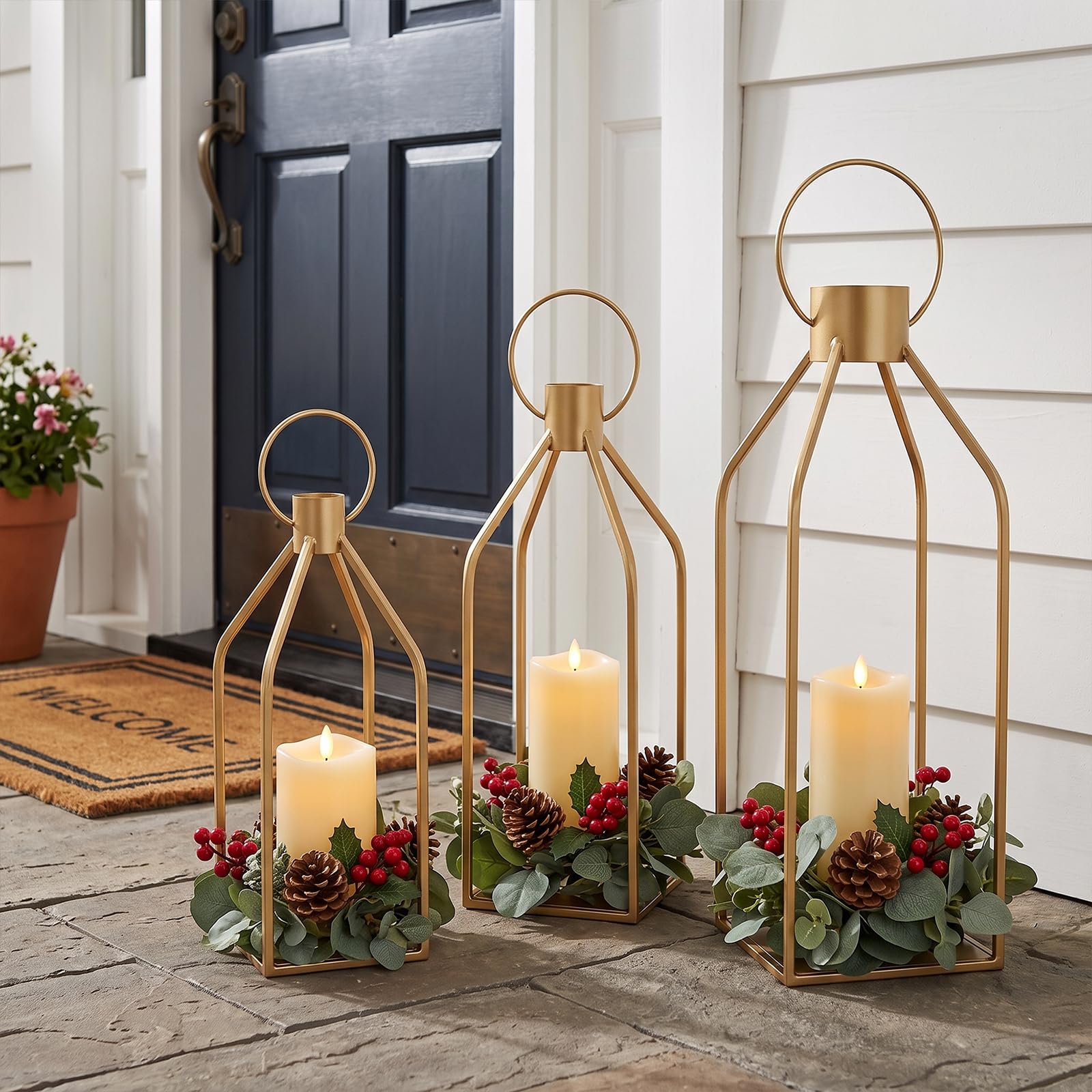 Lot de 6 lanternes décoratives dorées élégantes en métal avec bougies LED vacillantes, décoration pour maison, mariage, Noël (piles AAA non incluses)