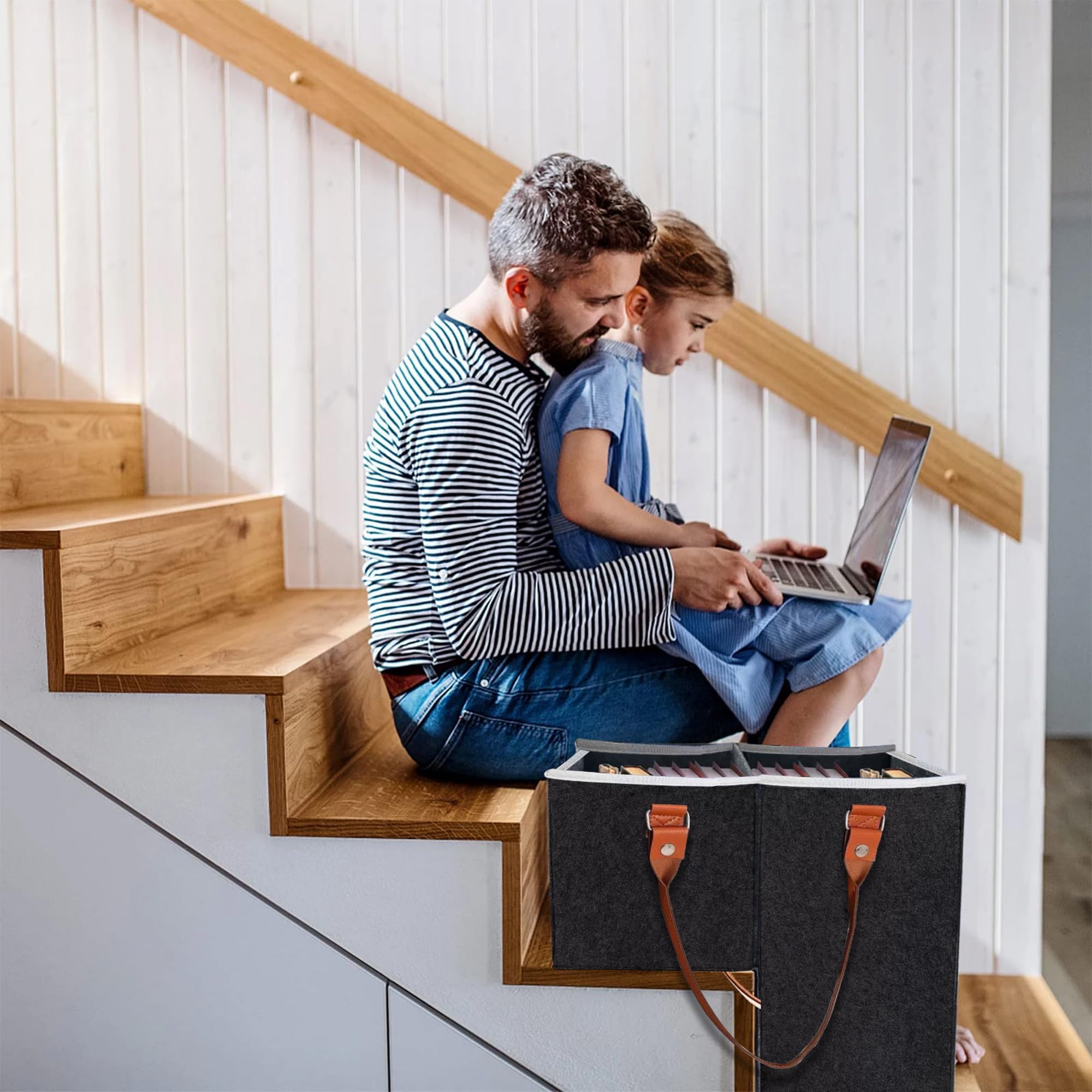 Cesta de fieltro desmontable para escaleras de madera y alfombra, organizador de almacenamiento resistente de 8.5 pulgadas con correas de cuero extraíbles para el hogar, lavandería y