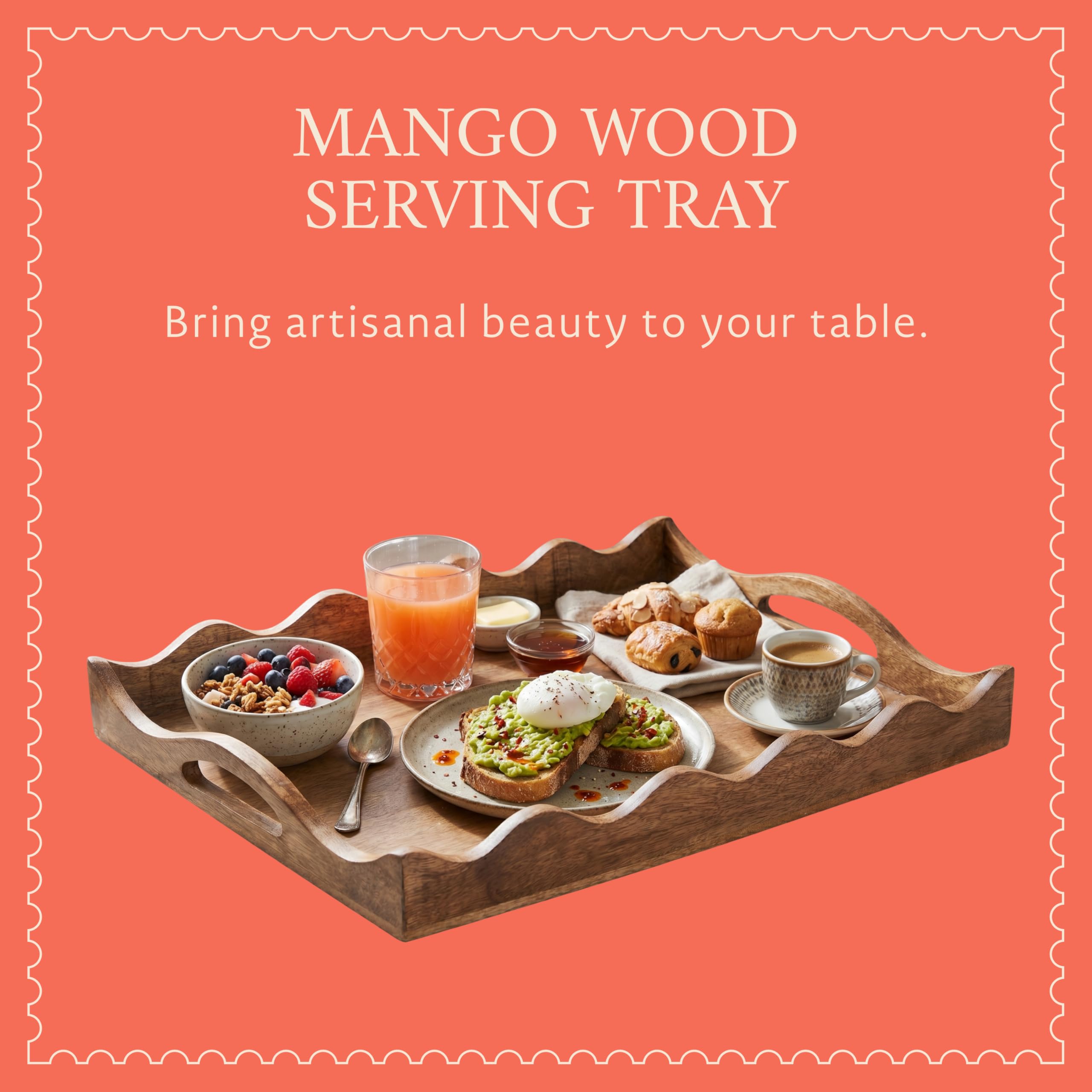 Mela Artisans Plateau de Service Ottoman en Bois | Taille M, festonné Blanc brûlé | Bois de manguier décoratif | pour Servir Le Petit déjeuner, d'autres Aliments, café et thé | Décoration d'intérieur