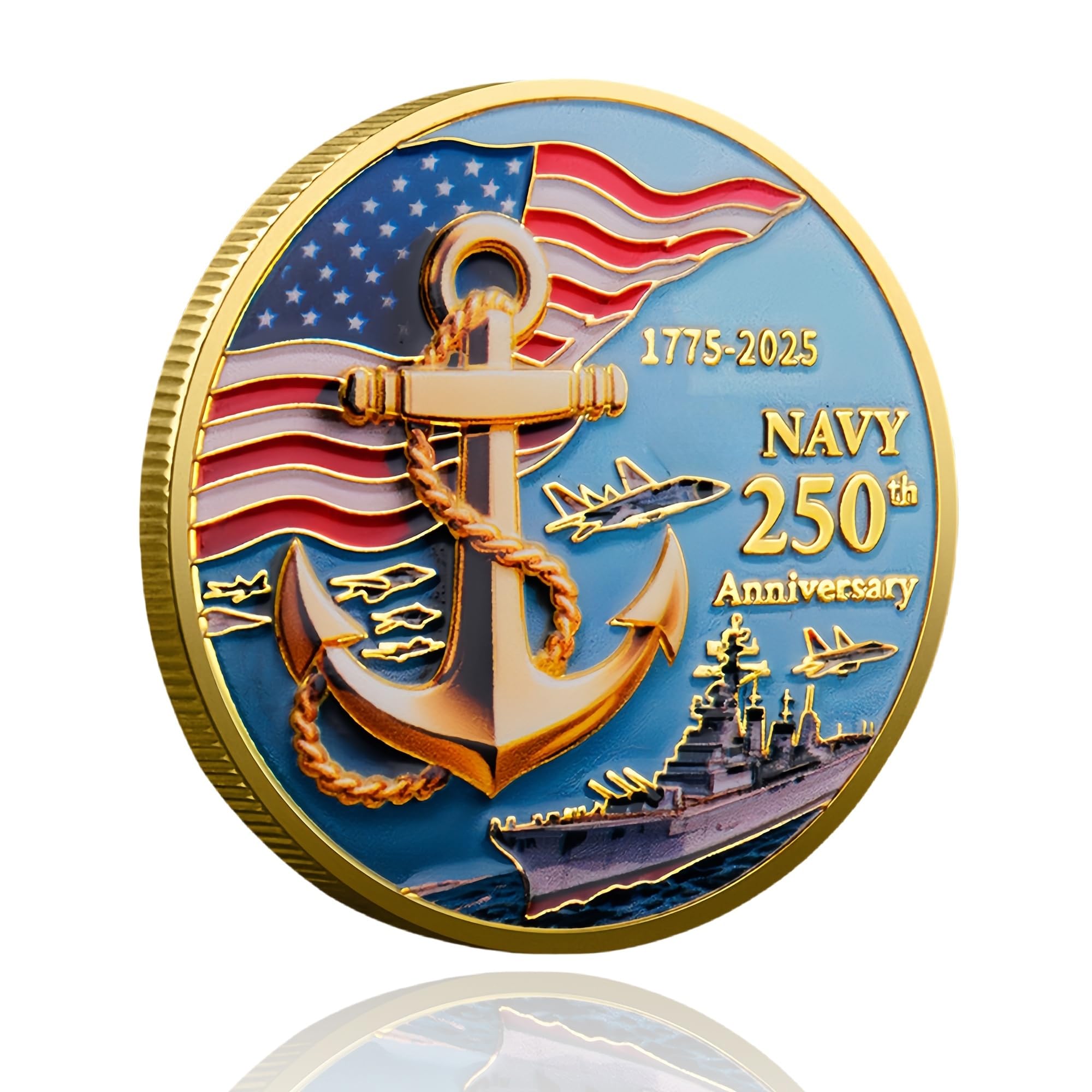 Navy &amp; Marine Corps 250th Anniversary Challenge Coin Double-Sided Gold Plated Military Commemorative Coin US Navy Collectible Warship Coin Veteran Gift, Armed Forces Memorabilia Sailor Souvenir (Navy)