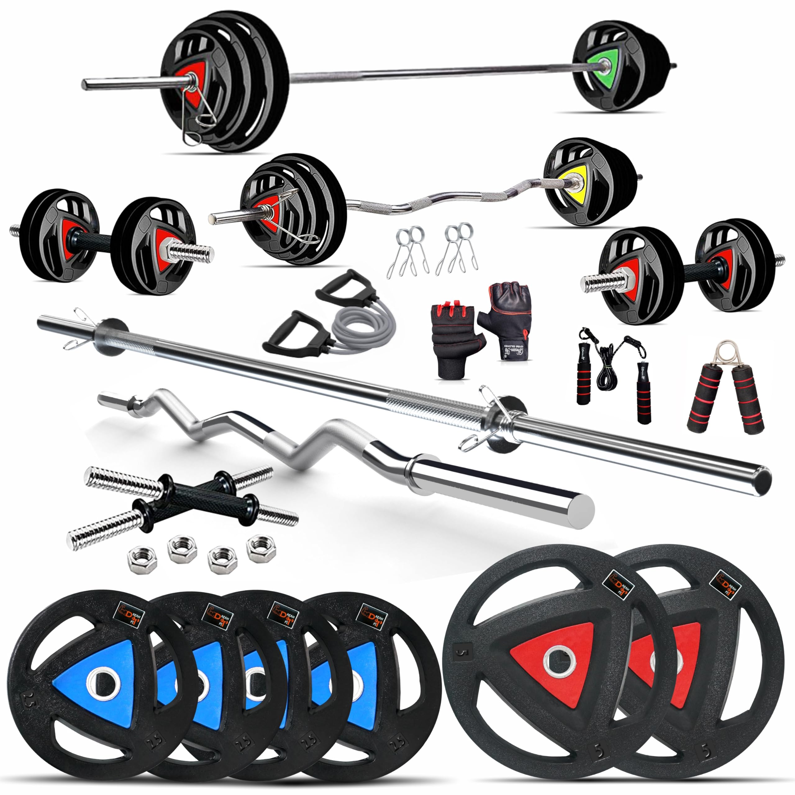 DREAM FIT Rubber Coated Metal Integrated Weight Plates 20Kg Professional Home Gym Combo with 23mm 3ft curl rod, 23mm 5ft straight rod, 1 pair dumbbell rods with steel nuts and gym accessories (20kg set)