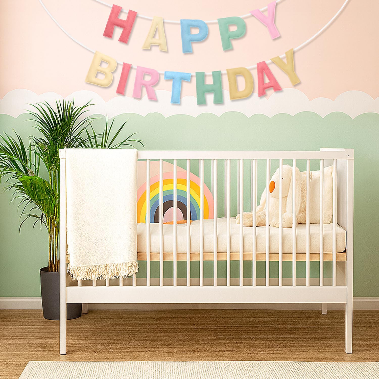 Felt Happy Birthday Banner, Pre-Strung 3D Birthday Rainbow Garland, Reusable Decorations Sign, Handmade Felt Banner for Women Girl, Party Decor, Photo Prop, Macaron (Macaron)