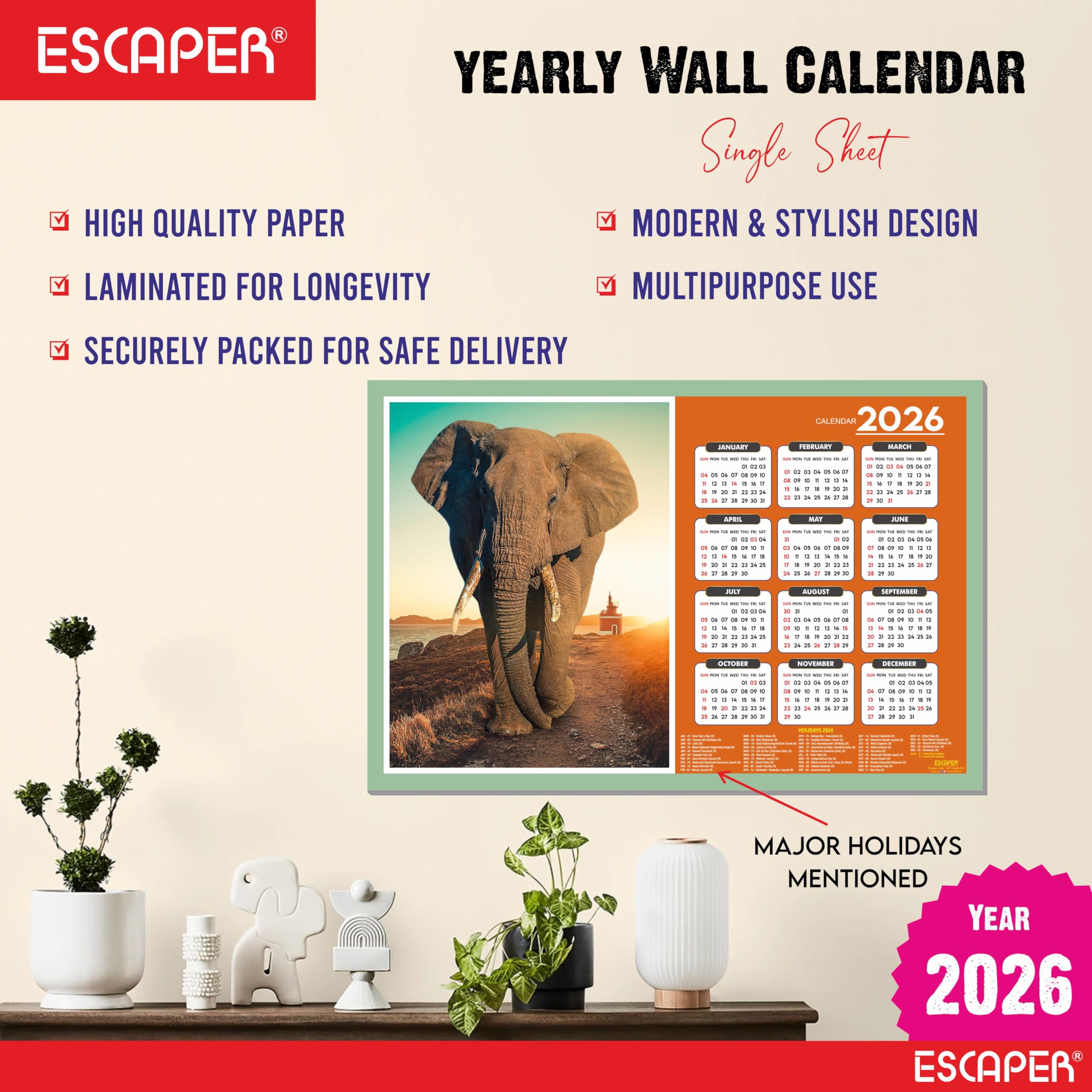 ESCAPER Calendario de pared de animales 2026 - 45 x 30 cm, fotos de león, tigre, elefante, caballo y pantera, calendario de decoración de pared para el hogar, oficina y habitación de los niños