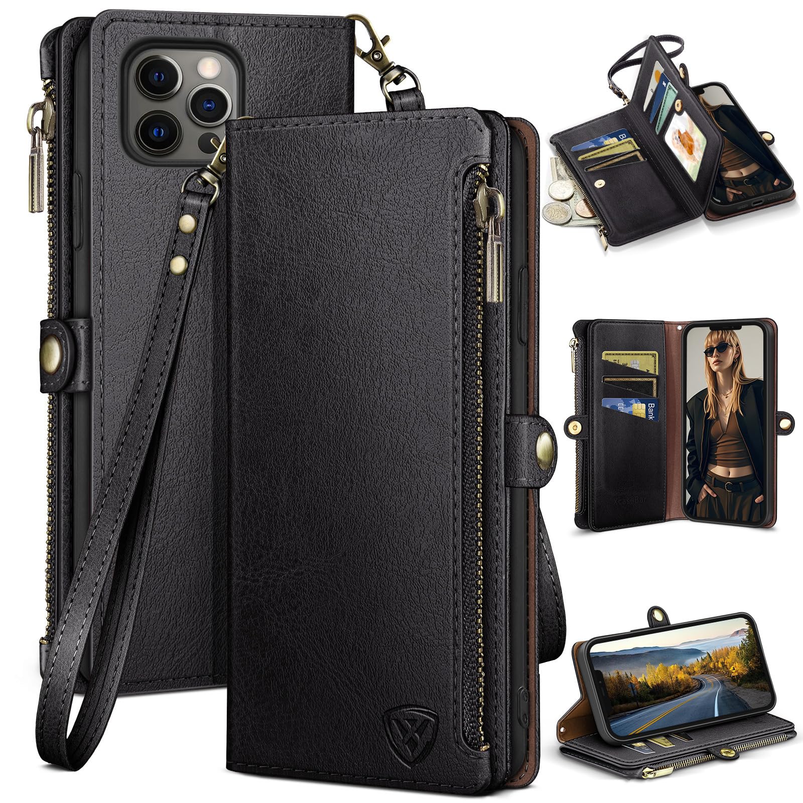 XcaseBar for iPhone 13 Pro Max 6.7" Wallet case with Zipper Credit Card Holder【RFID Blocking】, Flip Folio Book PU Leather Phone case Shockproof Cover