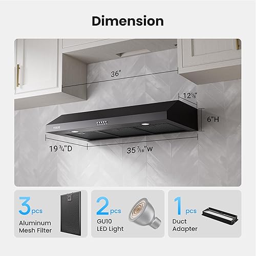 Miniatura 9 de VIKIO HOME Campana Extractora Bajo Gabinete de 36 Pulgadas, 580 CFM Ventilación de Cocina de Motor Dual con Luces LED, Control de Botones, Campana