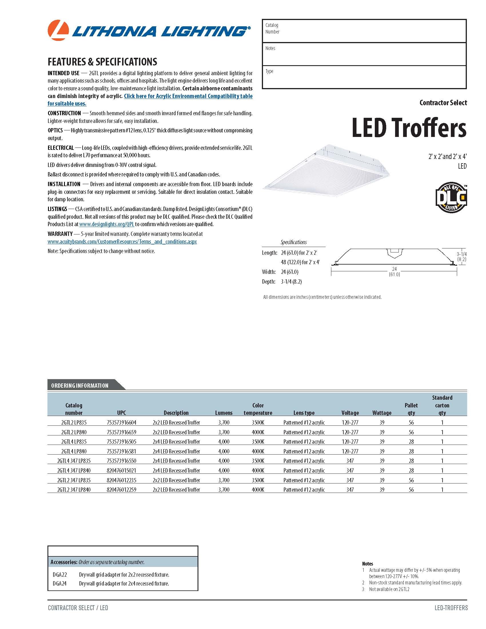 Lithonia Lighting 2GTL4 LP840 LED General Purpose Gloss Troffer, 4000k, 39 Watts, 4000 Lumens, 4 Foot, White