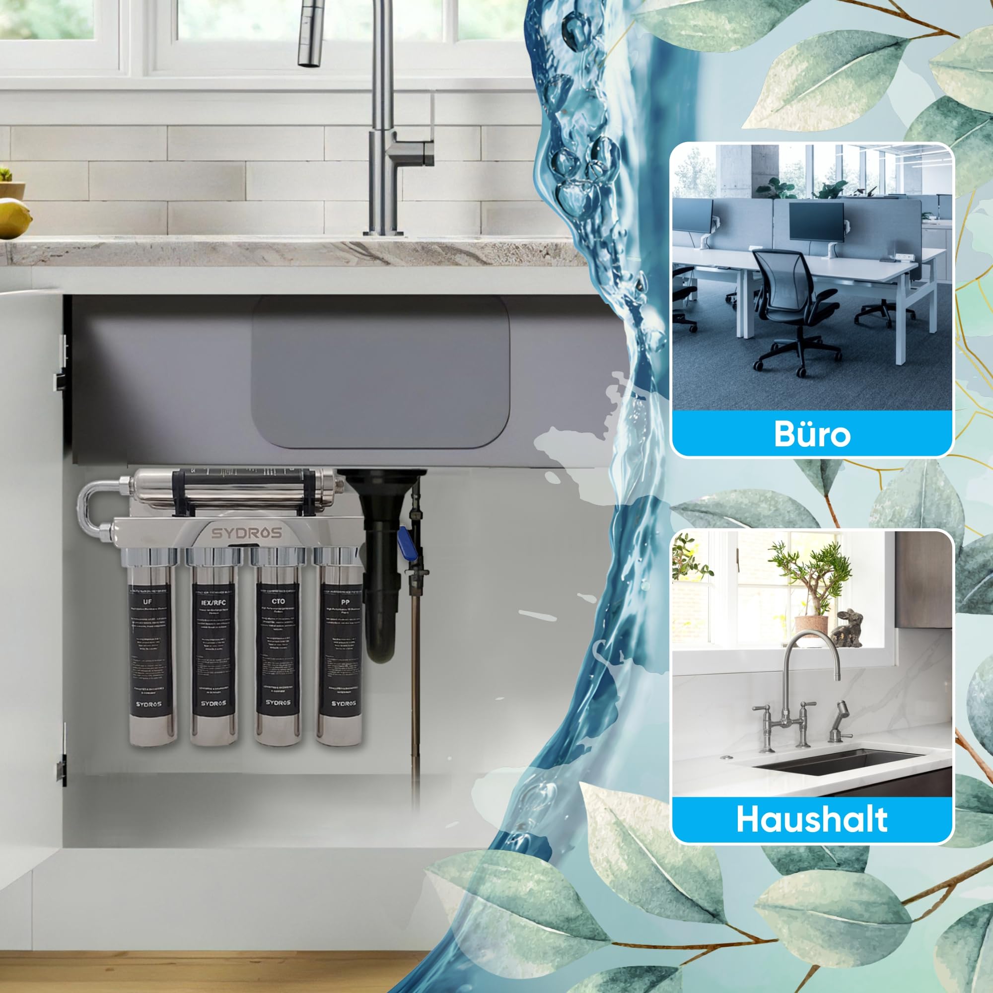 Sydros Optimus 6-Stufen-Wasserfilter filtert zu 99% Nanoplastik & PFAS, reduziert Kalk Chlor & 500+ Schadstoffe Schwermetall Reduktion Chemiefrei Edelstahl Wartungsarm