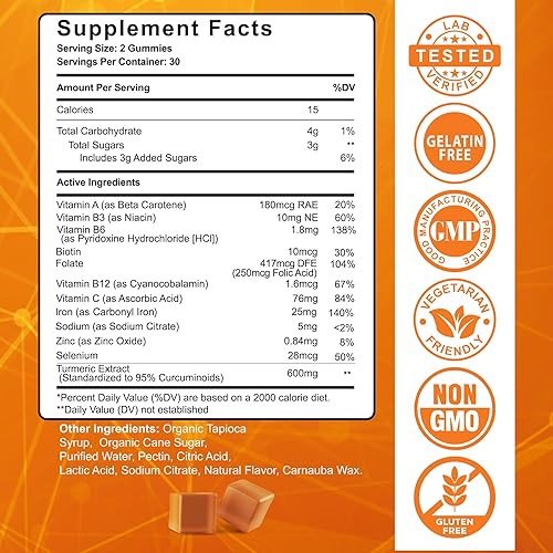 Miniatura 3 de Paquete de 2 gomitas de hierro con cúrcuma, vitamina C + sin azúcar, cúrcuma rellenas con mezcla pre, pro y postbiótica para mujeres y hombres,