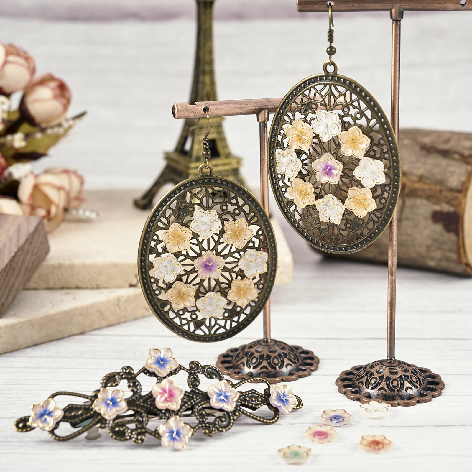 Crafans 200Pcs Cherry Blossoms Cabochons Clock Flower Art Craft Cabochons Flat Back Golden Enlaced Clock Cherry Blossoms Cabochons for Scrapbooking Embellishment - Image 2
