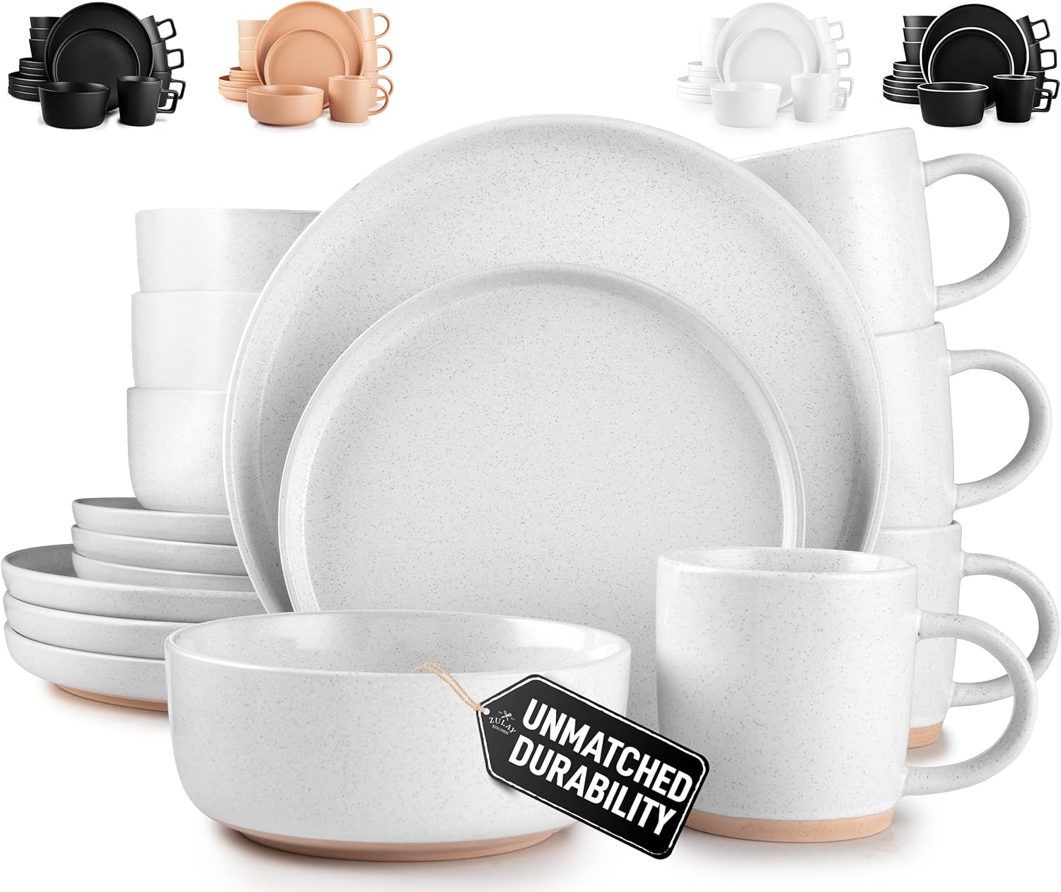 Zulay Kitchen Terra Stoneware Dinnerware Set, Artisanal Ceramic Plates and Bowls Set Crafted at 2300F - Service for 4, Speckled White