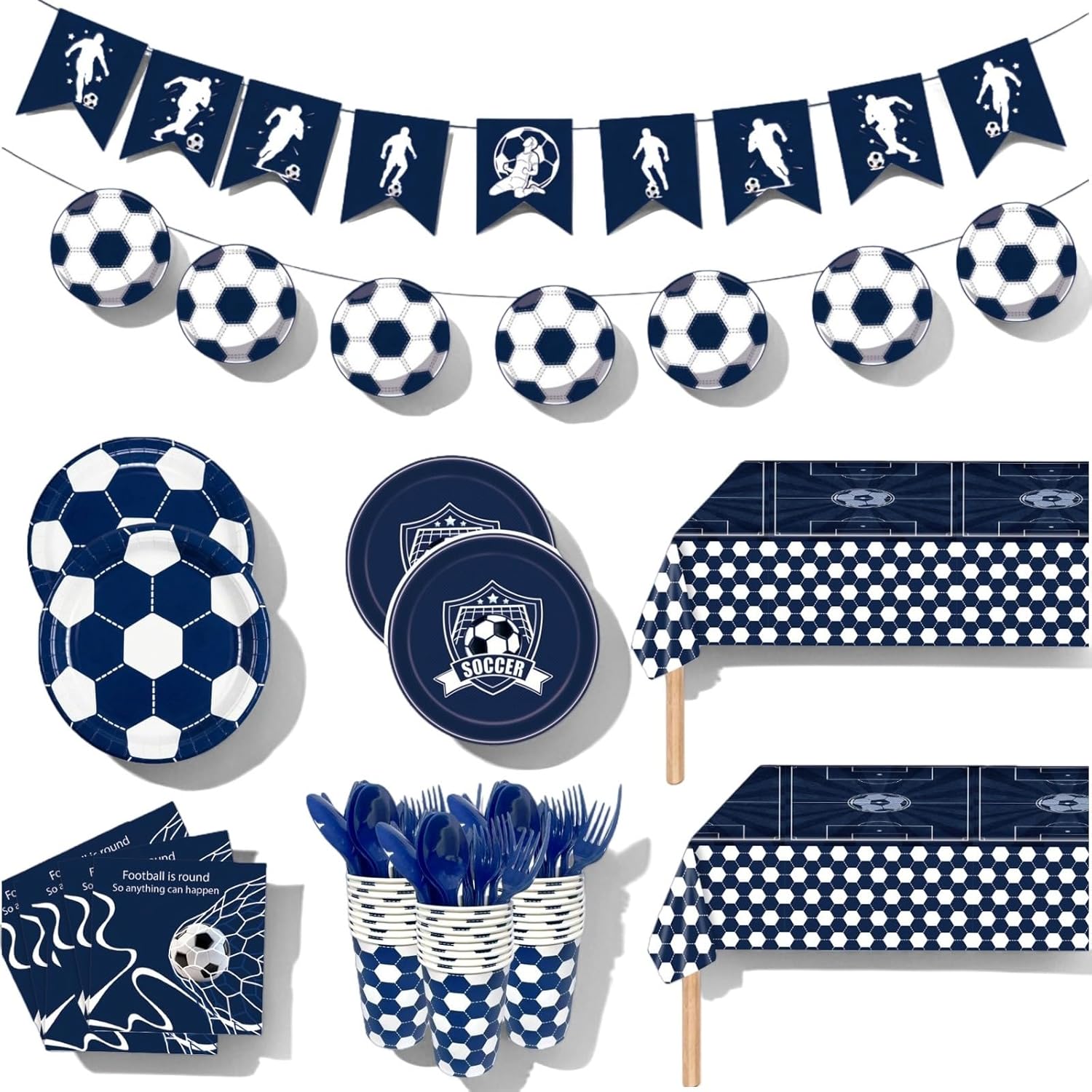 Soccer Plates and Napkins, 171-Count Disposable Soccer Party Supplies Kit with Cups, Cutlery, Banner, Tablecloth | Blue Soccer Theme Birthday Party Decorations, Serves 24