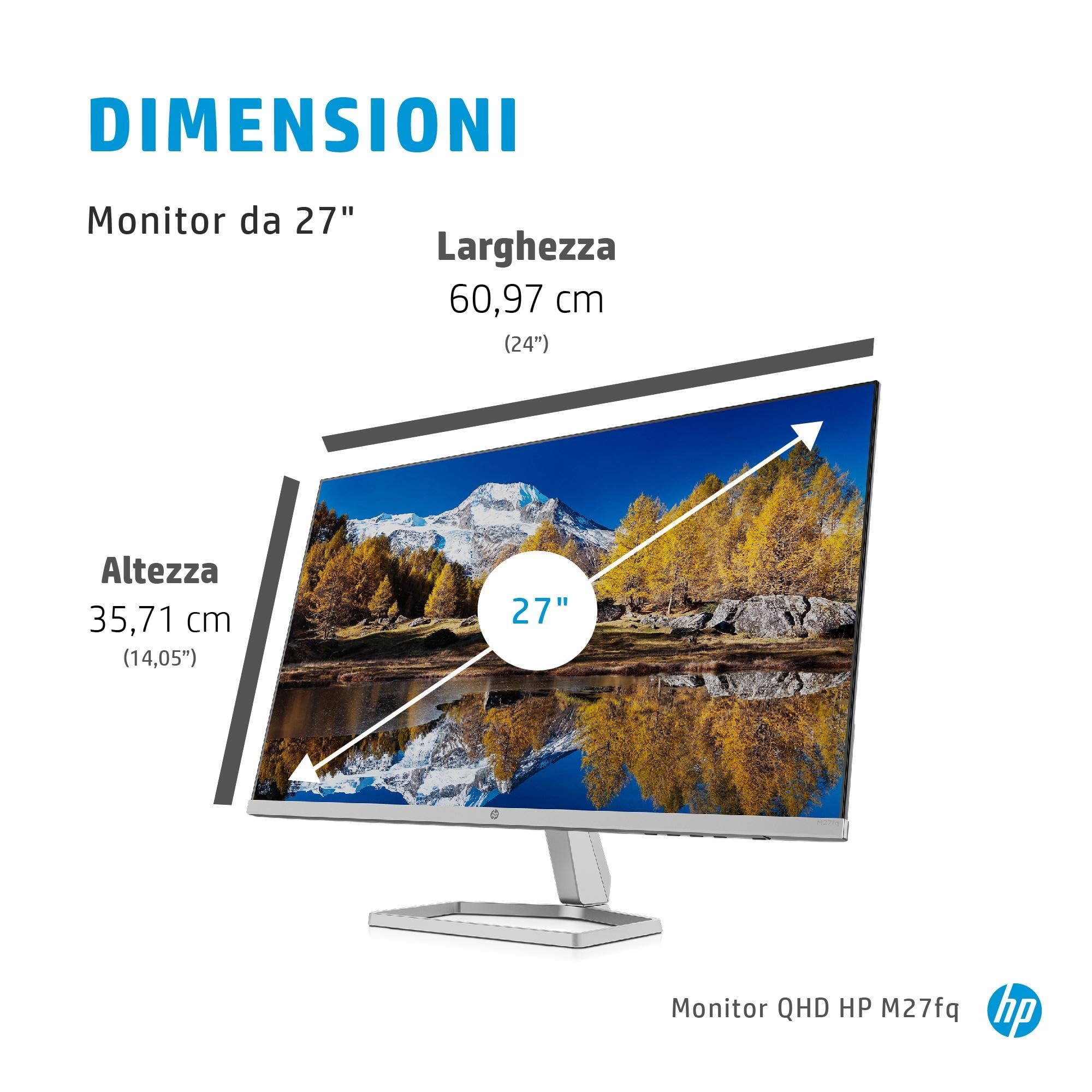 HP M27fq Monitor, Schermo IPS QHD 27”, AMD FreeSync, Tempo Risposta 5ms Overdrive, Risoluzione 2560 x 1440p, Micro-Edge, Antiriflesso, DiplayPort, HDMI, Inclinazione Regolabile, Argento