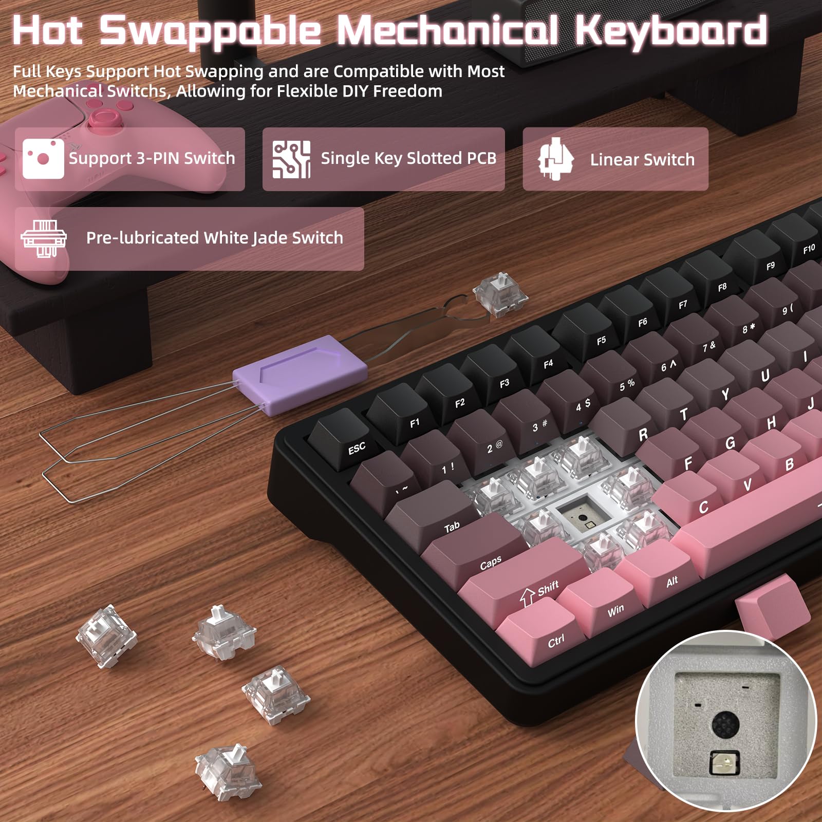 ATTACK SHARK X85 Teclado mecánico de Junta con Perilla, 75% (BT5.0/2.4G/USB-C) Teclado inalámbrico para Juegos y Acolchado de Cinco Capas, RGB, 5000 mAh, Teclas PBT con impresión Lateral (Rosa)