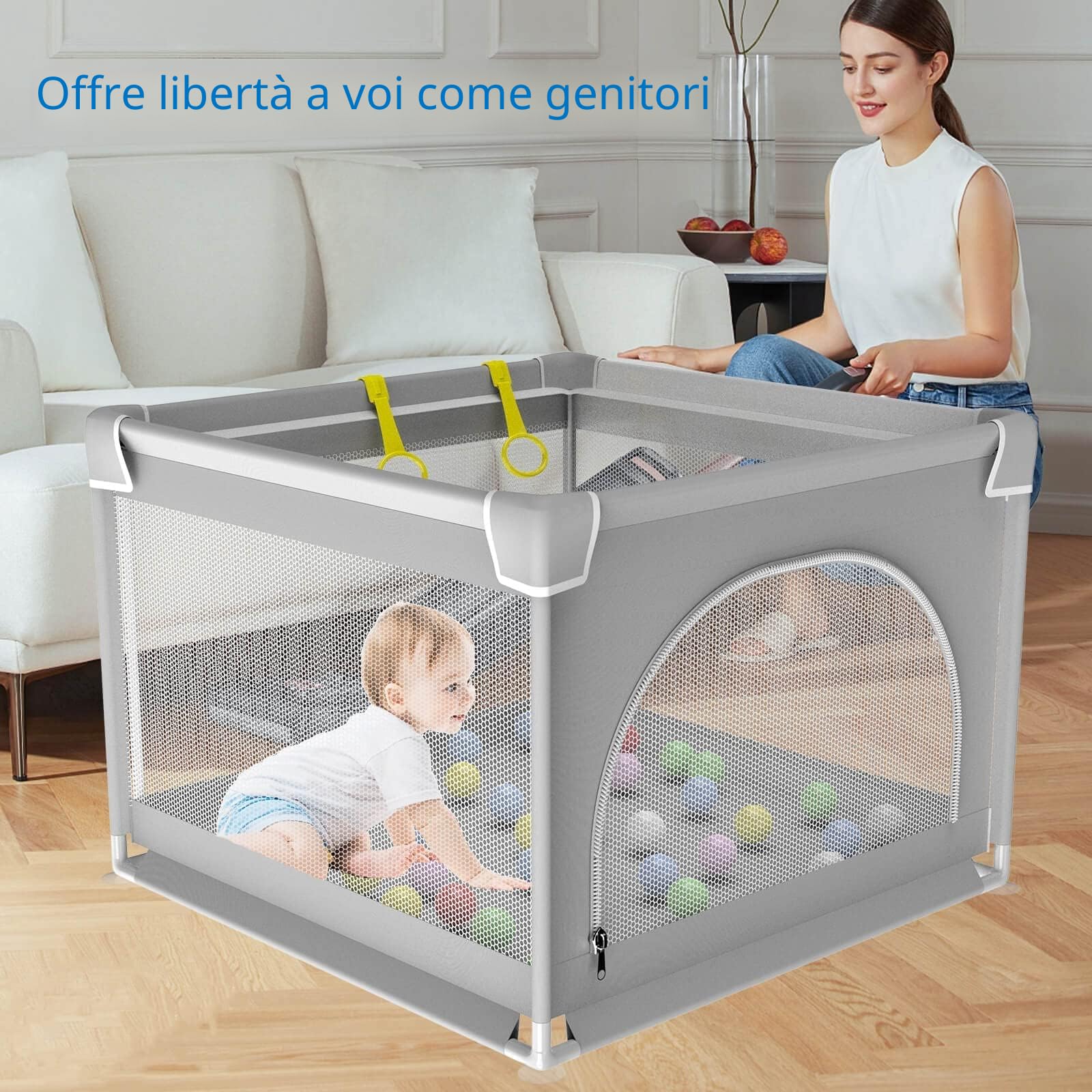 Box Bambini,Recinto per Bambini 90x90cm con Porta di Sicurezza,Traspirante e Antiscivolo,Portatile 0-6 anni,Adatto per Interni ed Esterni Box
