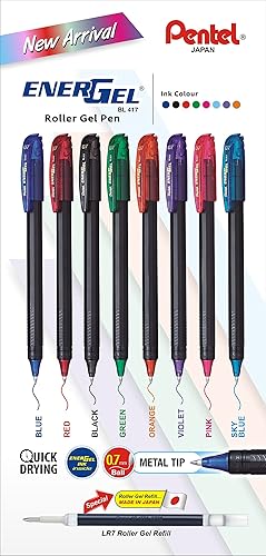 Pentel Energel Roller - Bolígrafo de gel (0.028 in, punta de metal mediana), color negro, paquete de 8