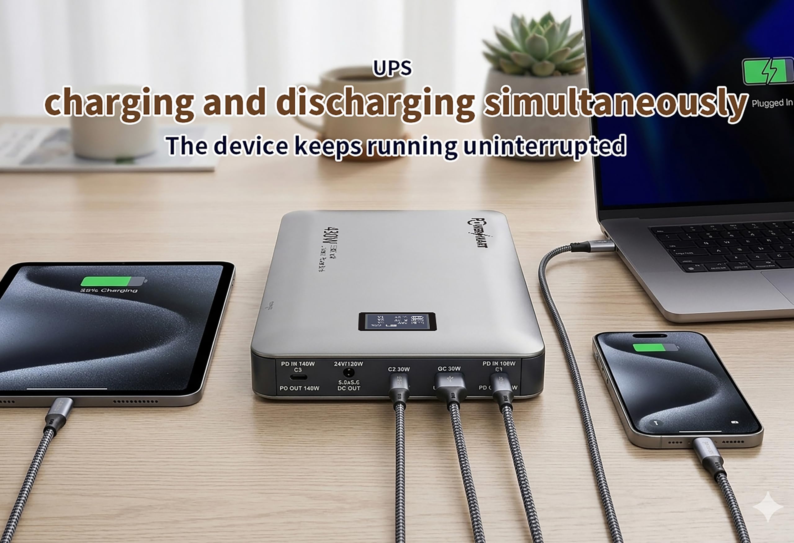 PowerSmart Powerbank 430 W avec 24 V CC & Multi USB-C, double chargeur rapide PD 3.1 140 W, batterie externe, fonction UPS, chargeur portable pour ordinateur portable, MacBook, drones