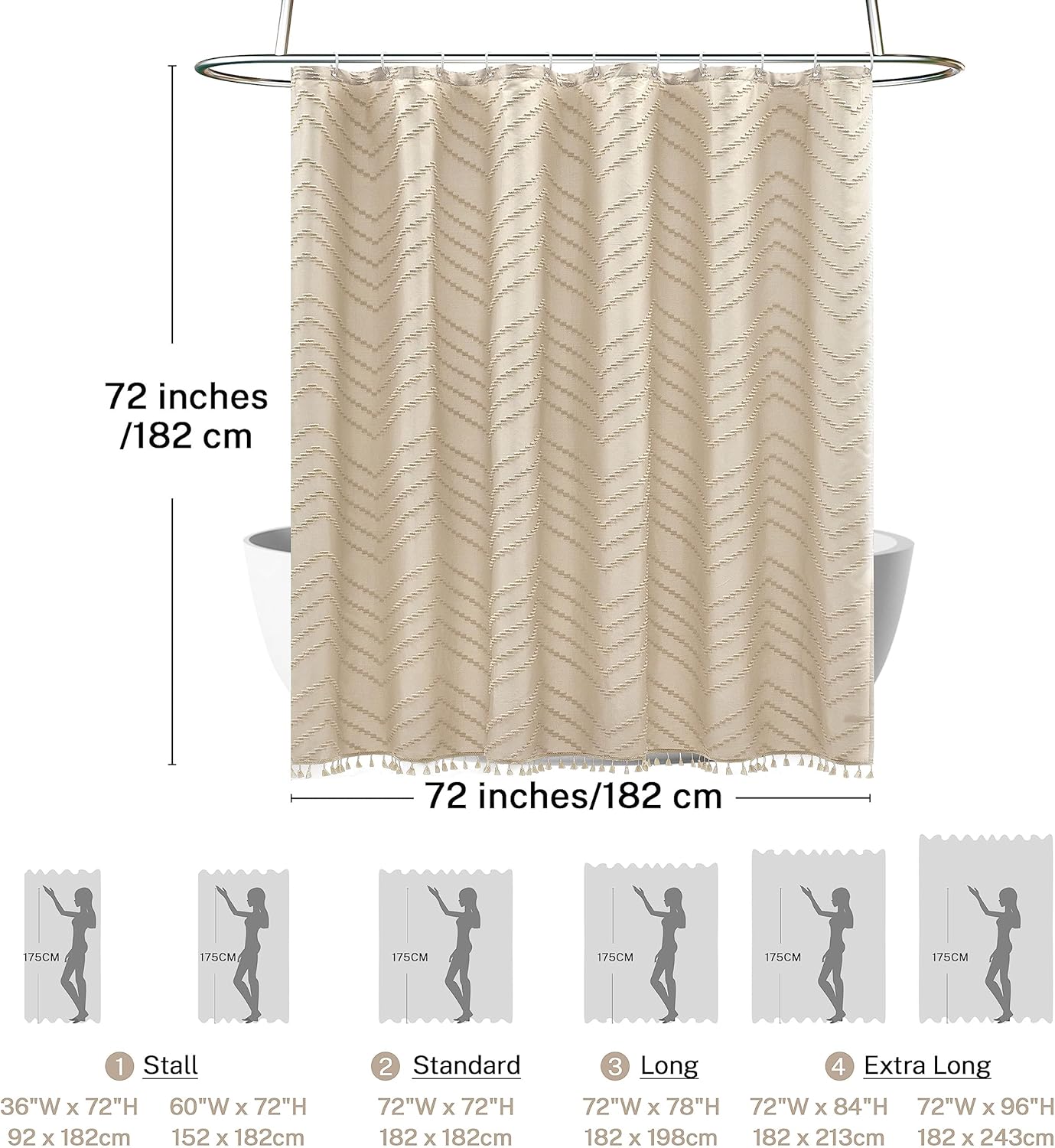 Siiluminisoy Boho Farmhouse Shower Curtain Woven Fabric Cute Beige Shower Curtain, 72 x 72 Tufted Chevron Textured Striped Modern Farmhouse Minimalist for Bathroom
