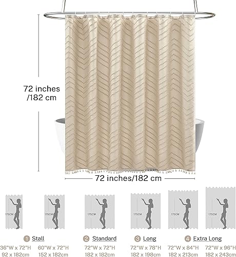 Miniatura 5 de Cortina de Ducha Boho Estilo Granja de Tela Tejida Bonita Cortina de Ducha Beige, 72 x 72 pulgadas Con Mechones Chevron Texturizada A Rayas Granja