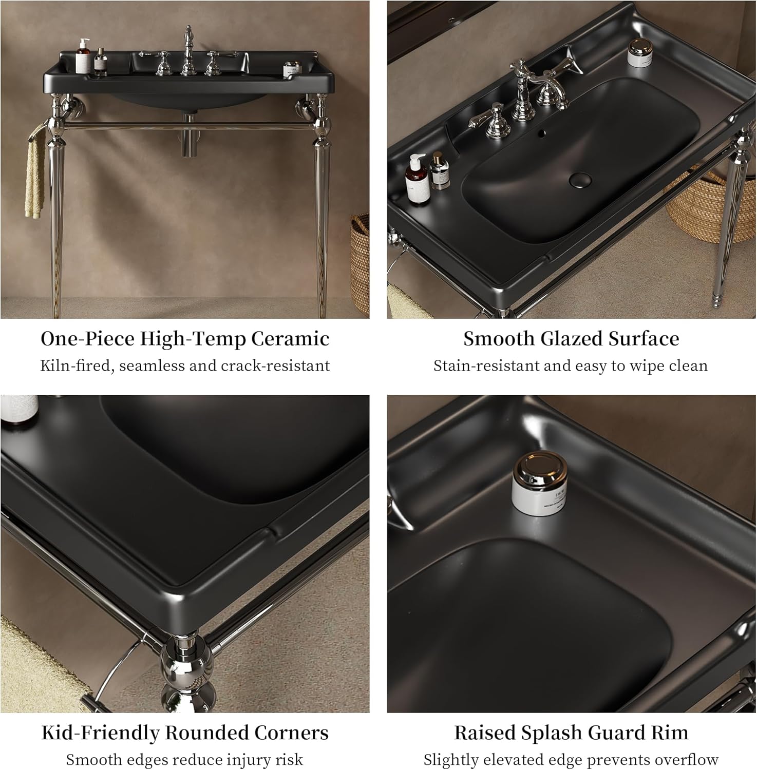 28 Inch Console Bathroom Vanity with Ceramic Sink, Open-Frame Stainless Steel Legs with Towel Bar, 3 Faucet Holes, Wall-Mounted Support, No Faucet (Silver Frame | Black Sink)