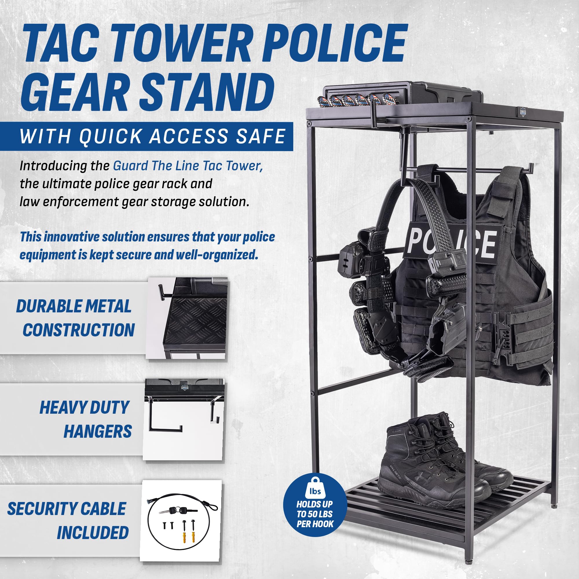 Guard The Line Tac Tower – Police Gear Rack with Quick Access Safe – American Flag Tactical Gear Stand – Law Enforcement Vest and Duty Belt Holder - Cop Caddy Valet Stand - Police Gift