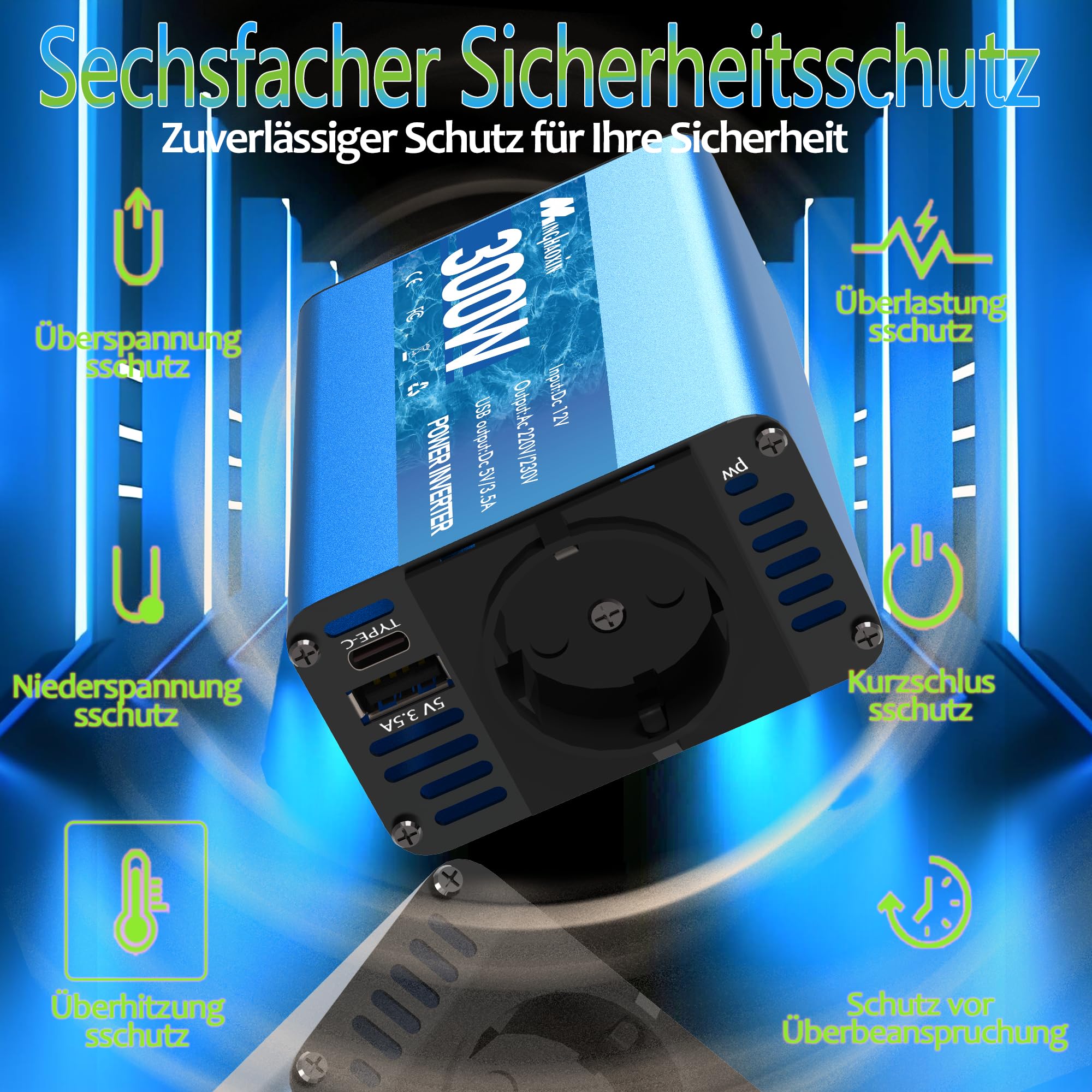 300W Wechselrichter 12V auf 230V Spannungswandler | TYPE-C & USB Anschluss, Autostecker Adapter, Steckdosenkonverter, Für Roadtrips und Camping