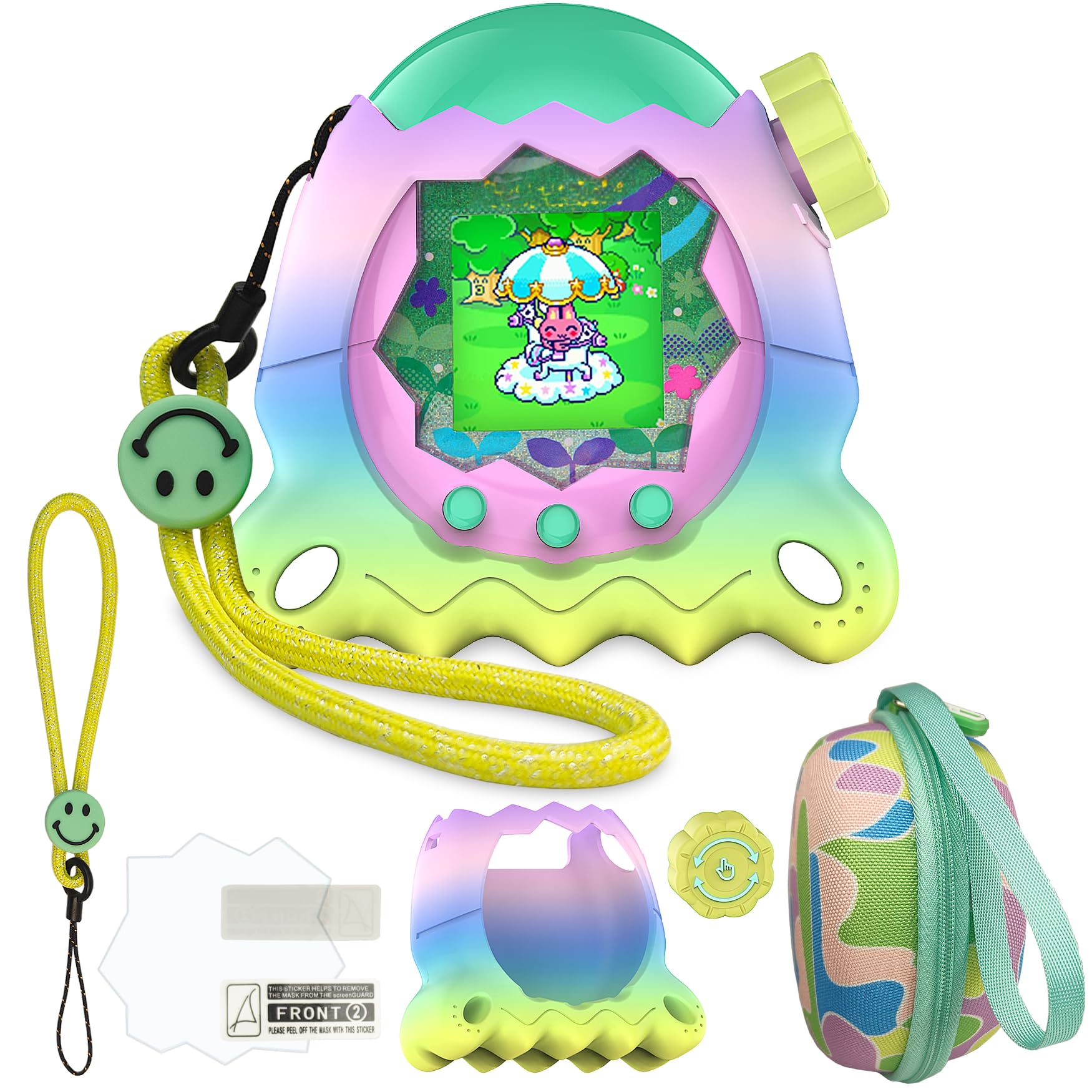 JCHPINE Protective Cases for Tamagotchi Paradise Electronic Pet, Hard Case and Silicone Cover for Tamagotchi Paradise Pet with Screen Protector and Lanyard (Rainbow)