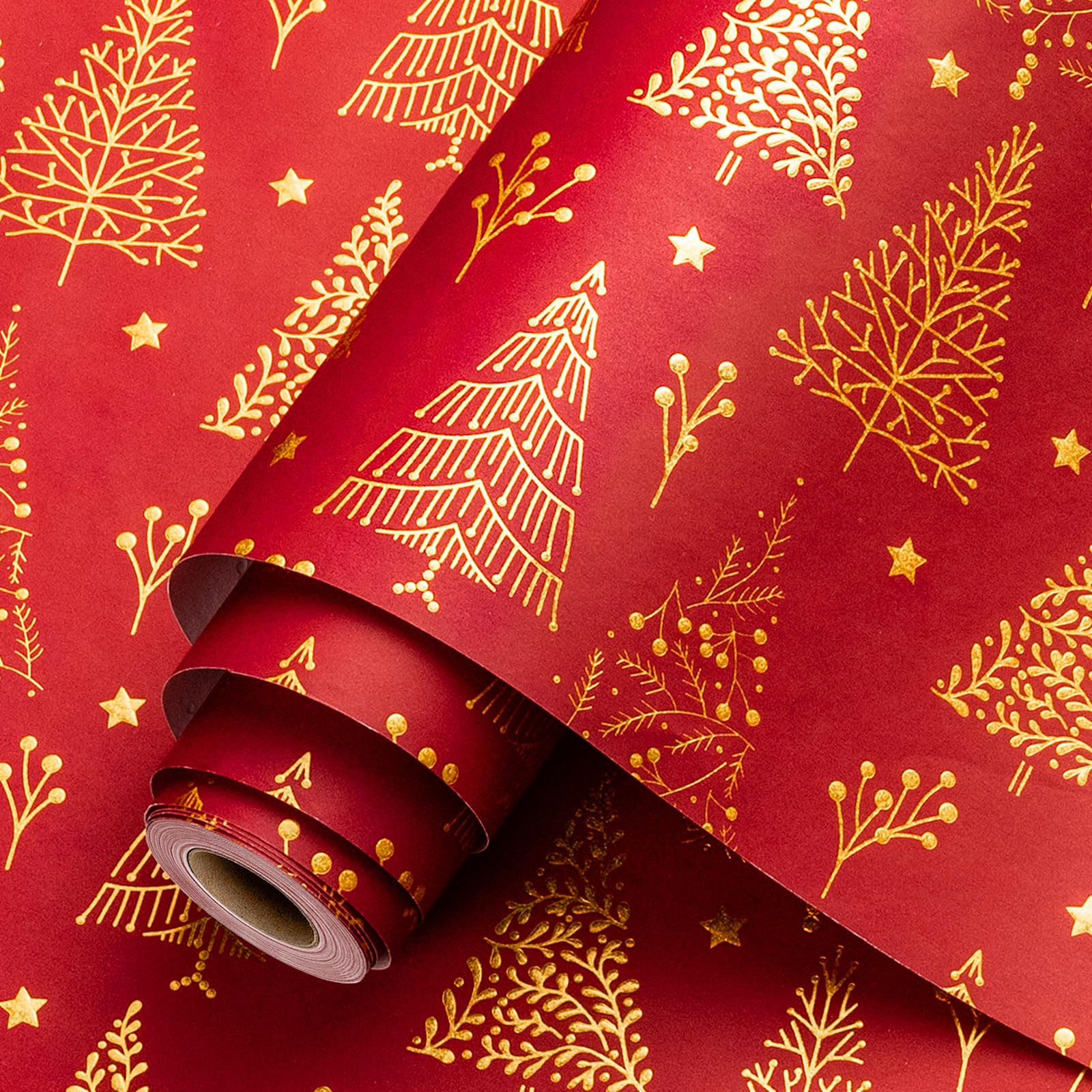 Homeral Christmas Wrapping Paper Roll-46.8 sq.ft.(17in x 33ft) Embossing Red with Holographic Gold Christmas Tree for Winter Holiday - Mini Roll