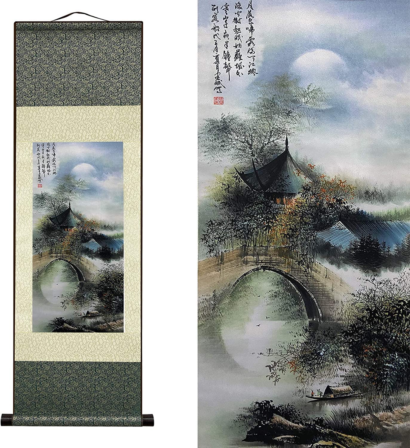 BNKJdtuW antique scroll painting, Chinese Wall Art Scroll Painting,Silk Scrollg Summer Autumn Winter Landscape Beaut(D3)