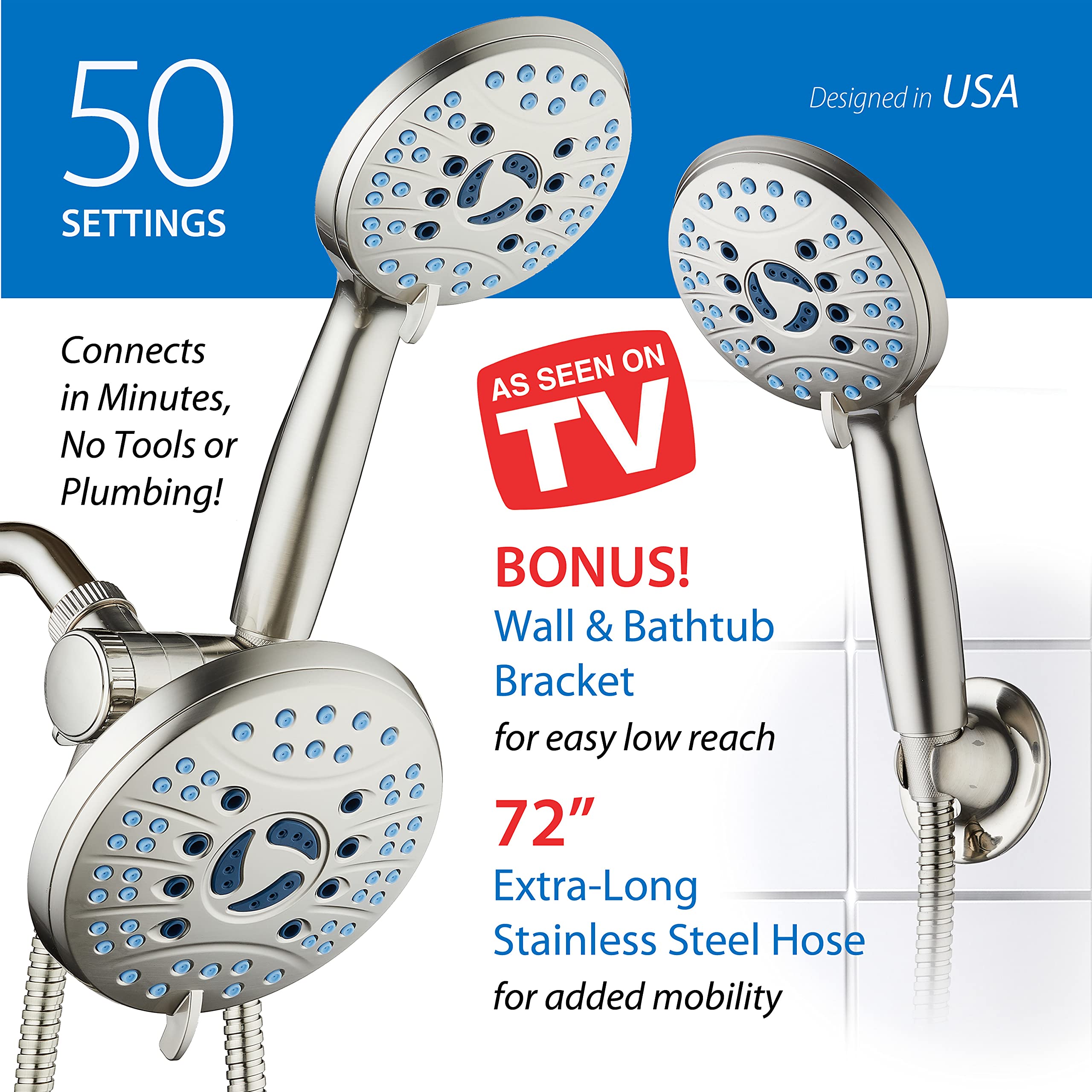 AquaCare AS-SEEN-ON-TV - Combo de cabezal de ducha de 3 vías de alta presión, 50 modos, lluvia y mano de 3 vías, boquillas antiobstrucciones, bañera y azulejos y lavado a presión para mascotas,