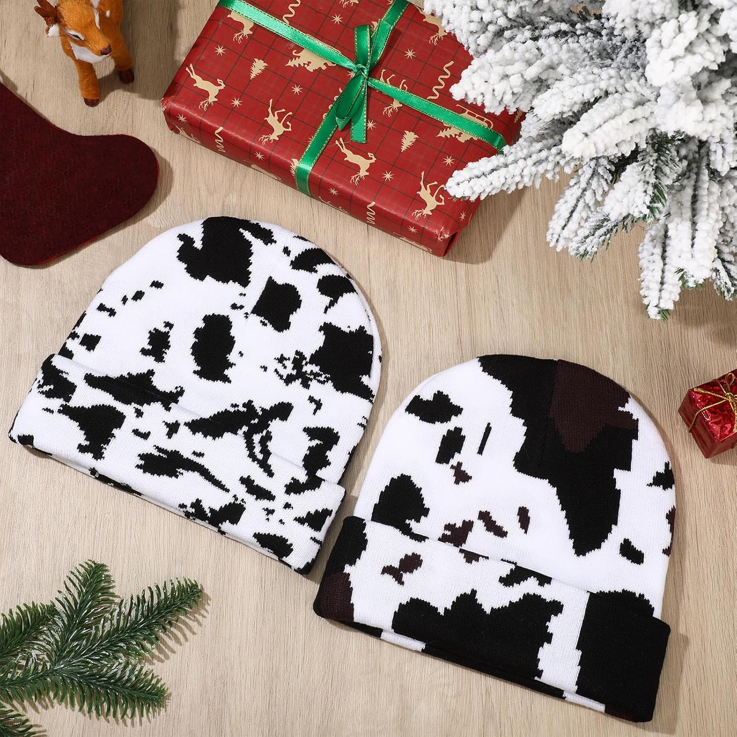 Hicarer 2 Pcs Cow Print Beanie Winter Knit Hat Animal Pattern Knitted Beanies Leopard Print Soft Warm Slouchy Skull Cap for Women Men Black and White - Image 7