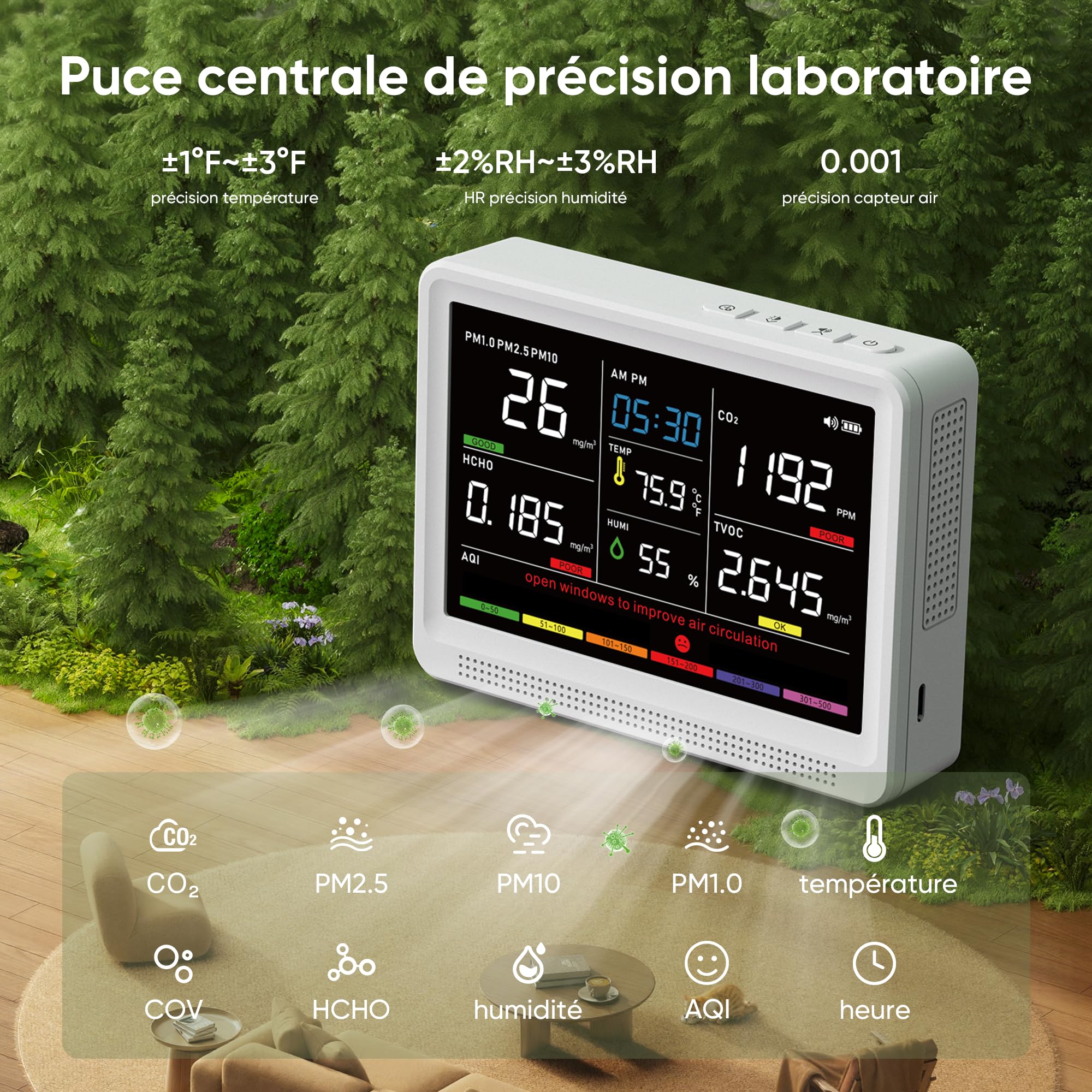 bonoch 16-en-1 Appareils Mesurant Qualité Air Intérieur avec Batterie 10h & Écran 5,5", 9 AQI + 7 Alertes, Détecteur de COV, CO2, PM2.5, PM1.0, PM10, HCHO, Température/Humidité & Heure-Blanc