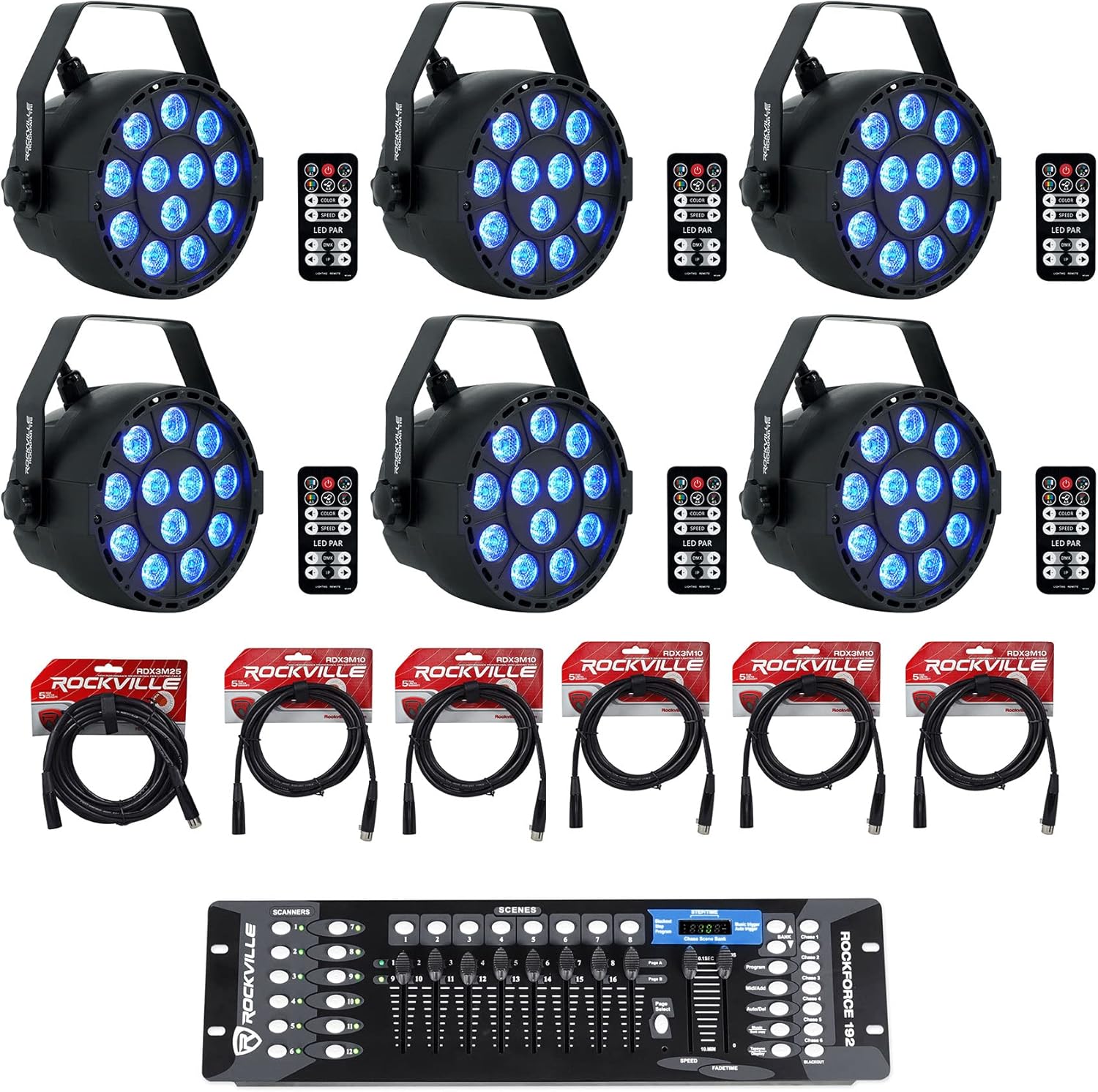 Rockville RockPAR TRI Bundle: (6) LED RGB Compact Par Can Pro DJ DMX Wash Lights, (6) Remotes, (6) RDX3M25 25 ft and RDX3M10 10 ft 3 Pin DMX Cables, ROCKFORCE 192-Ch DMX Lighting Controller, 13-Items