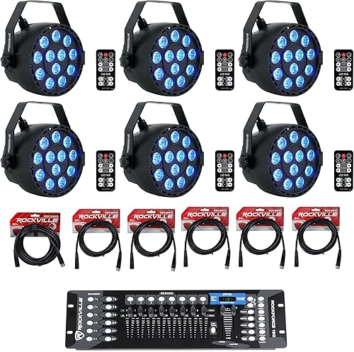 (6) Rockville RockPAR TRI LED RGB Compact Par Can Pro DJ DMX Wash Light+Remote Black Bundle con (5) cable de iluminación RDX3M10 DMX, cable RDX3M25