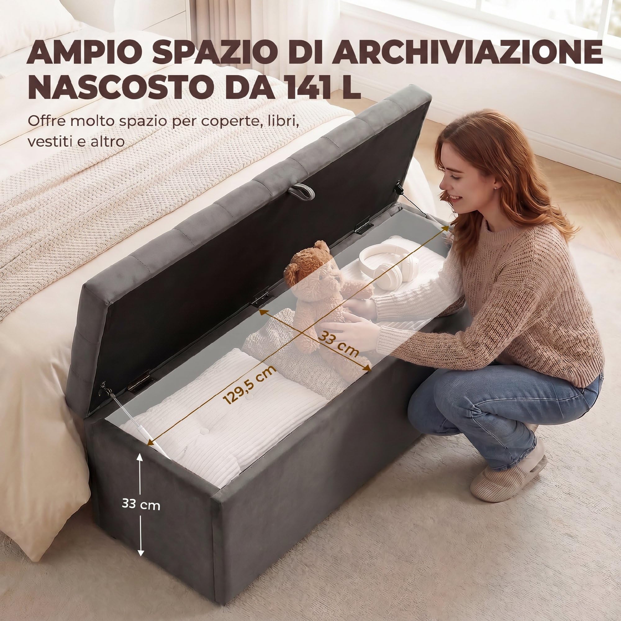 HOMCOM Cassapanca 140L Pouf Contenitore Poggiapiedi 137x41x42 cm, Seduta Ampia Imbottita, Panca Contenitore in Velluto, Capacità 240kg, Camera da Letto, Soggiorno, Ingresso, Grigio