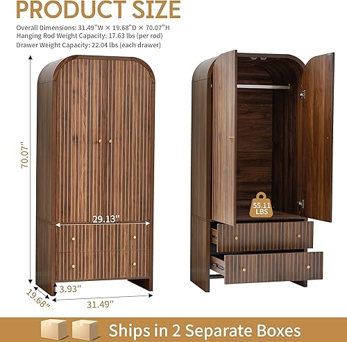 Miniatura 2 de LEVNARY Armario arqueado, armario independiente moderno de mediados de siglo de 2 puertas con barra para colgar y 2 cajones, armario de Nuez,Negro