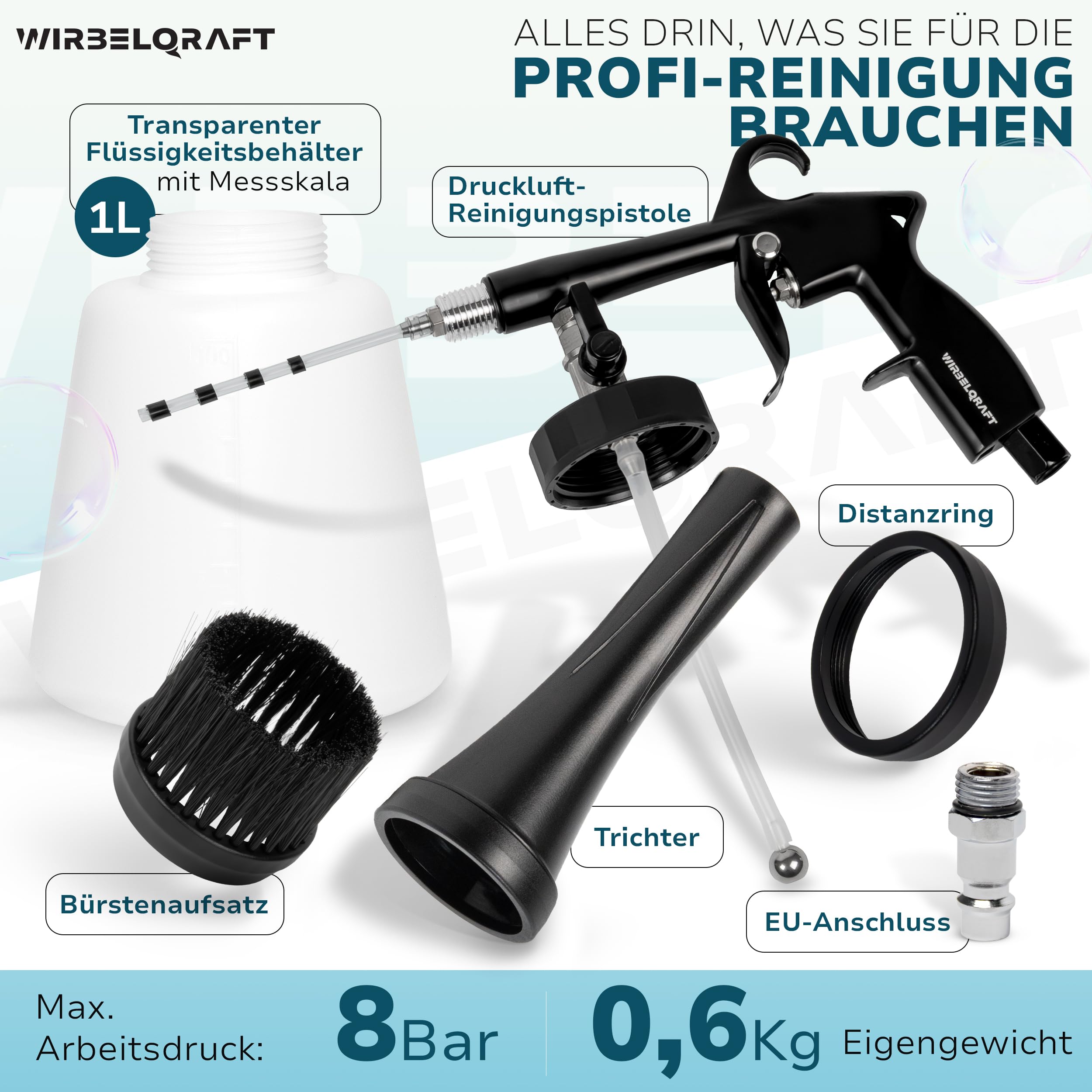Wirbelqraft® Druckluft Reinigungspistole – robuste Ausblaspistole mit Wirbel-Effekt für wirkungsvolle Auto/KFZ-Innenreinigung – Komplett-Set mit 1L Füllbehälter, Bürstenaufsatz & Luftdruckpistole