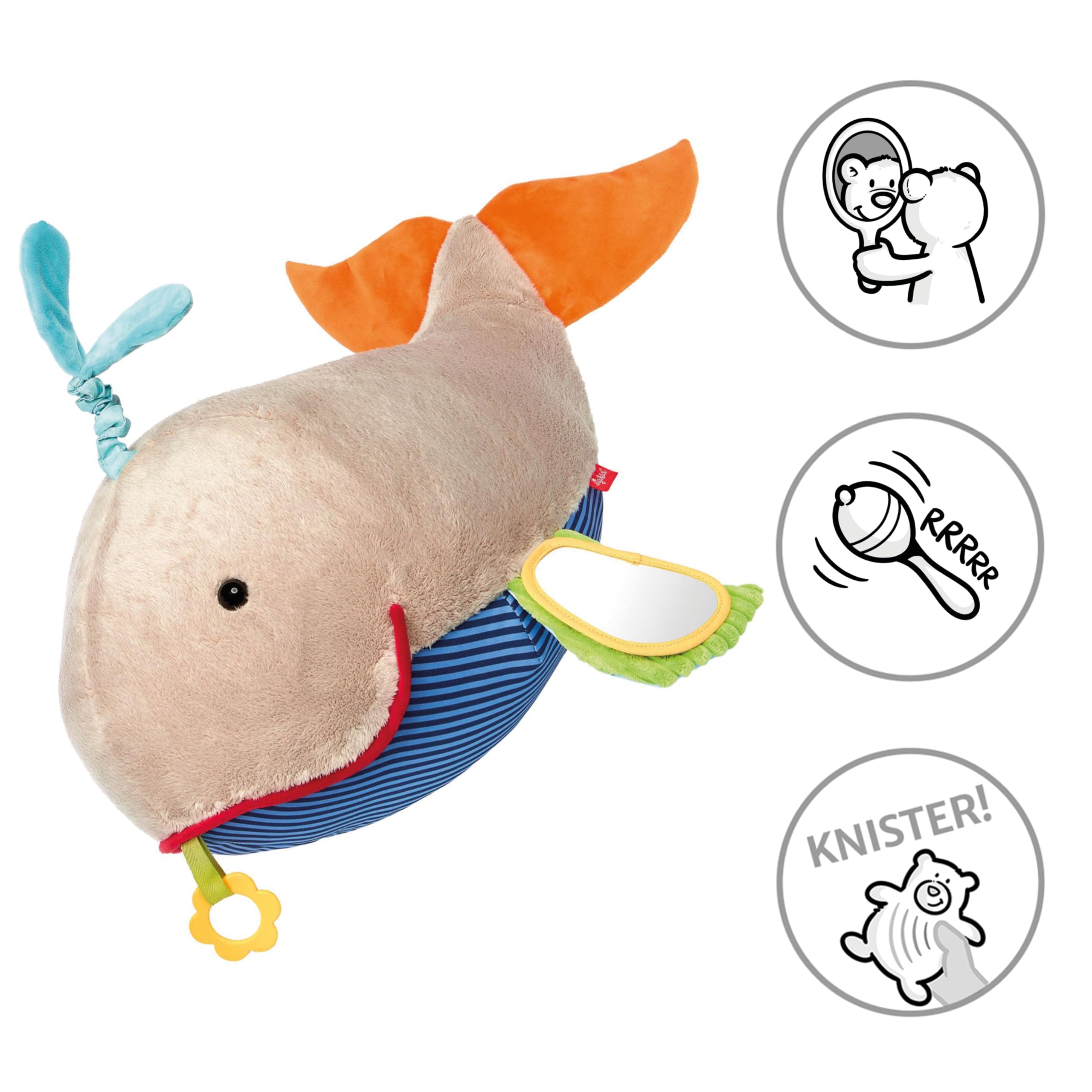 SIGIKID 42918 Babyspielzeug XXL Wal, PlayQ Lernspielzeug, Kissen-Plüschtier mit Vibrationrassel, Beißring, Rassel, Spiegel, Knisterfolie, für Babys & Kinder ab 3 Monaten, Grau/Wal 52 cm