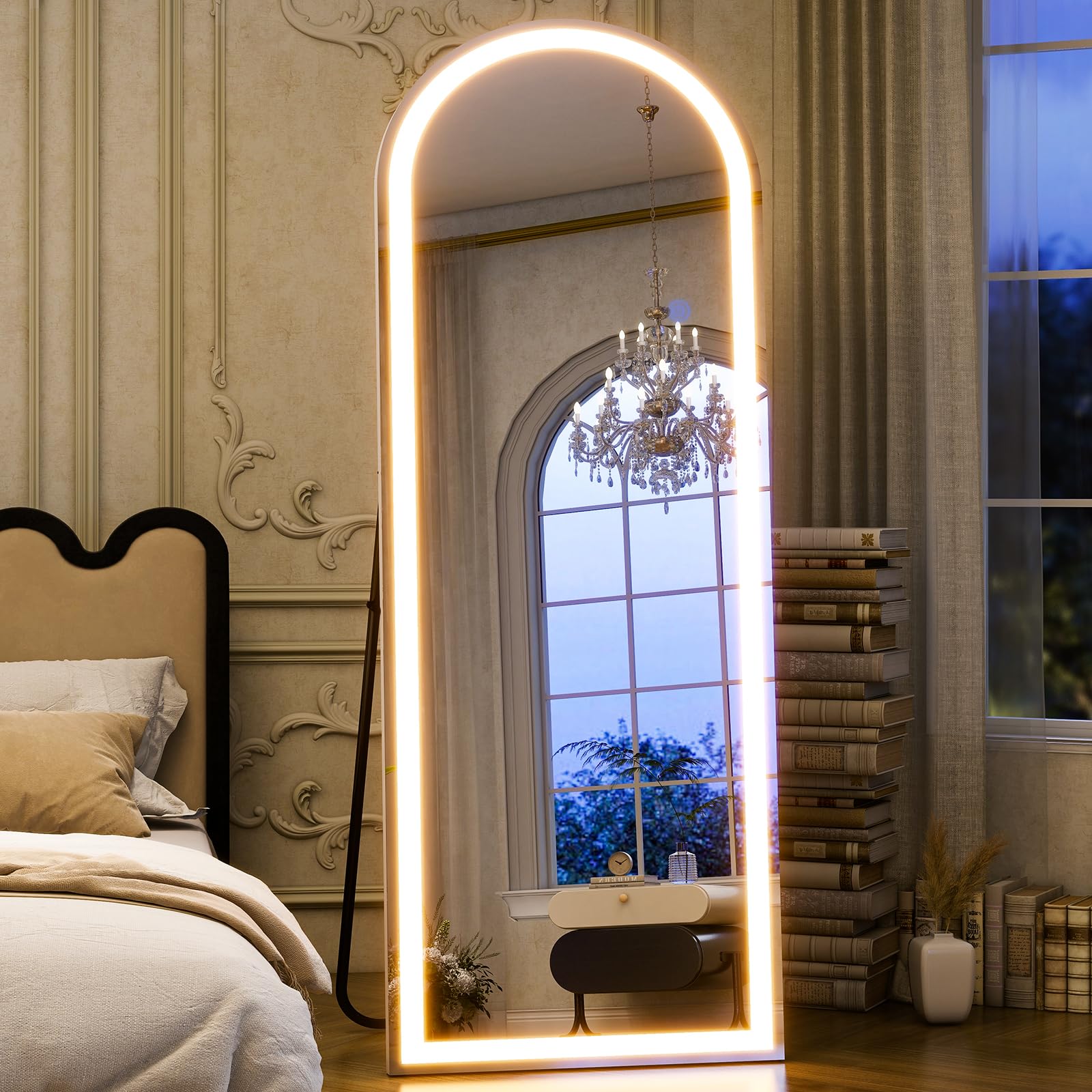GLSLAND 20"x56" Arched LED Full Length Mirror with Lights – Wall Mounted or Standing Full Body Mirror for Bedroom/Cloakroom – Dimmable with 3 Color Lighting Modes: Arched 64"L x 21"W