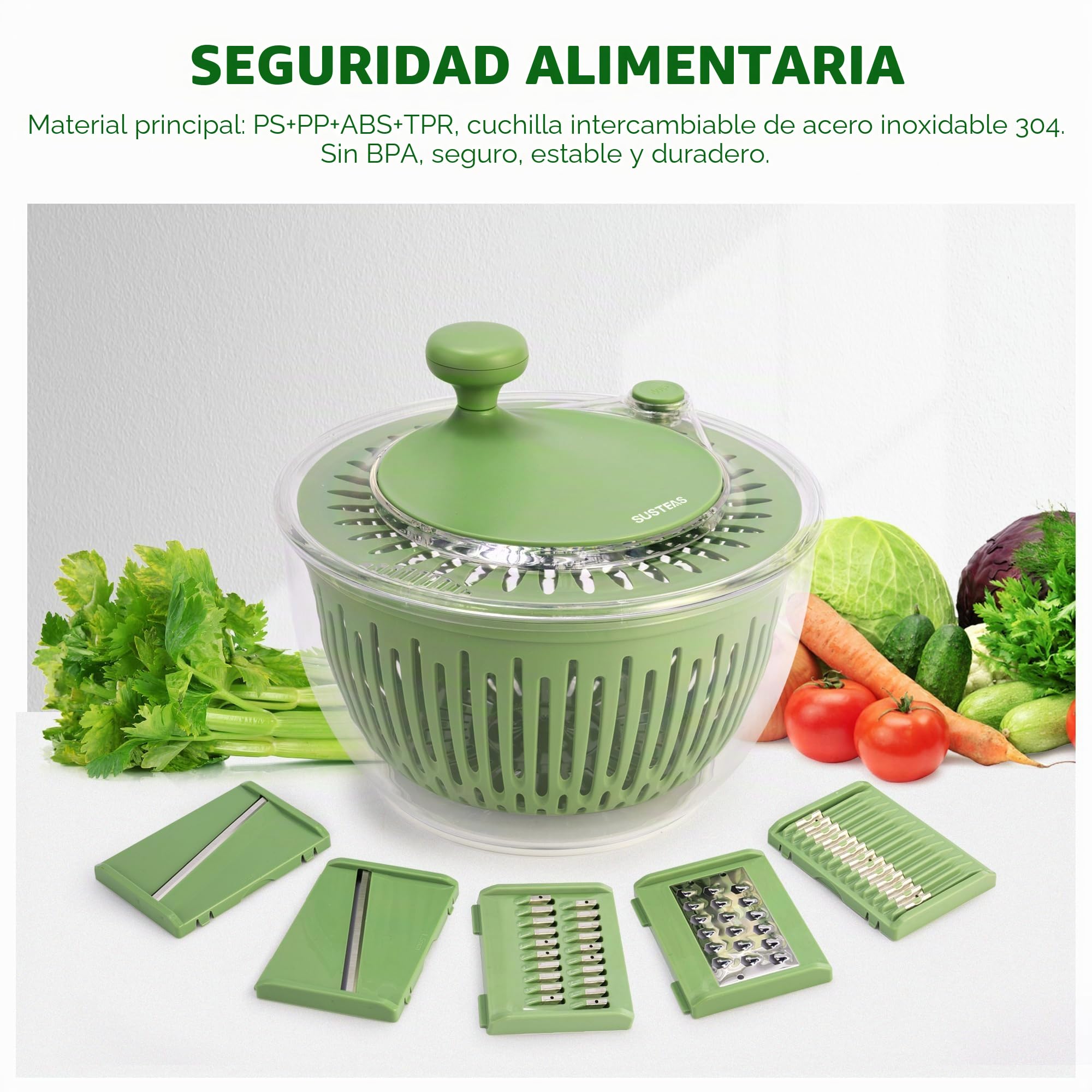 SUSTEAS Centrifugadora para Ensalada 4.25L, Bol Lavado Verduras/Frutas, Secador Hierbas con Tapa Cortadora 5 Cuchillas y Separador Yemas, Libre de BPA
