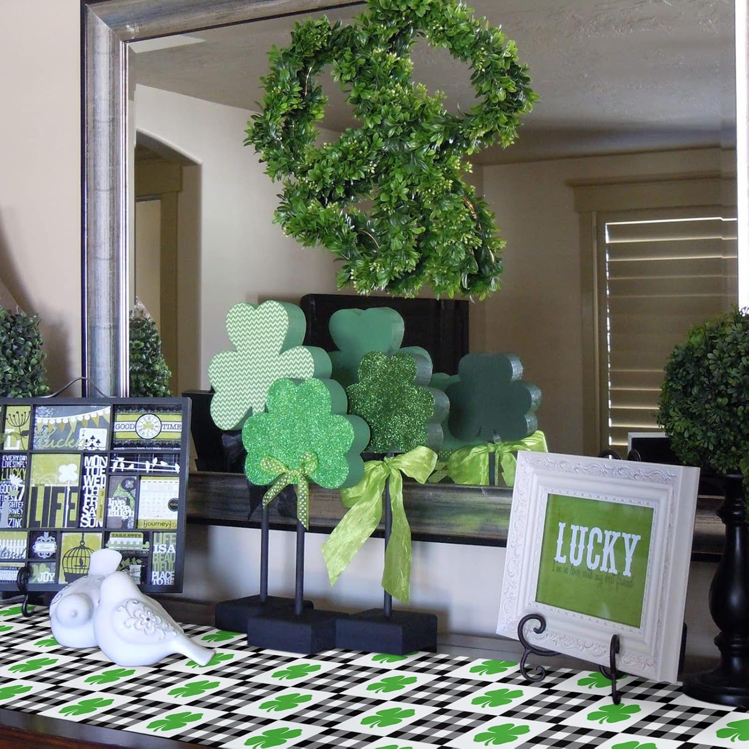 St.Patricks Day Table Runner, Decorative Tabletop Cover 13x120inch Cotton Linen Table Runners for Everyday Dining Wedding Party Holiday Home Decor, Four-Leaf Clover Black White Plaid Theme Lucky