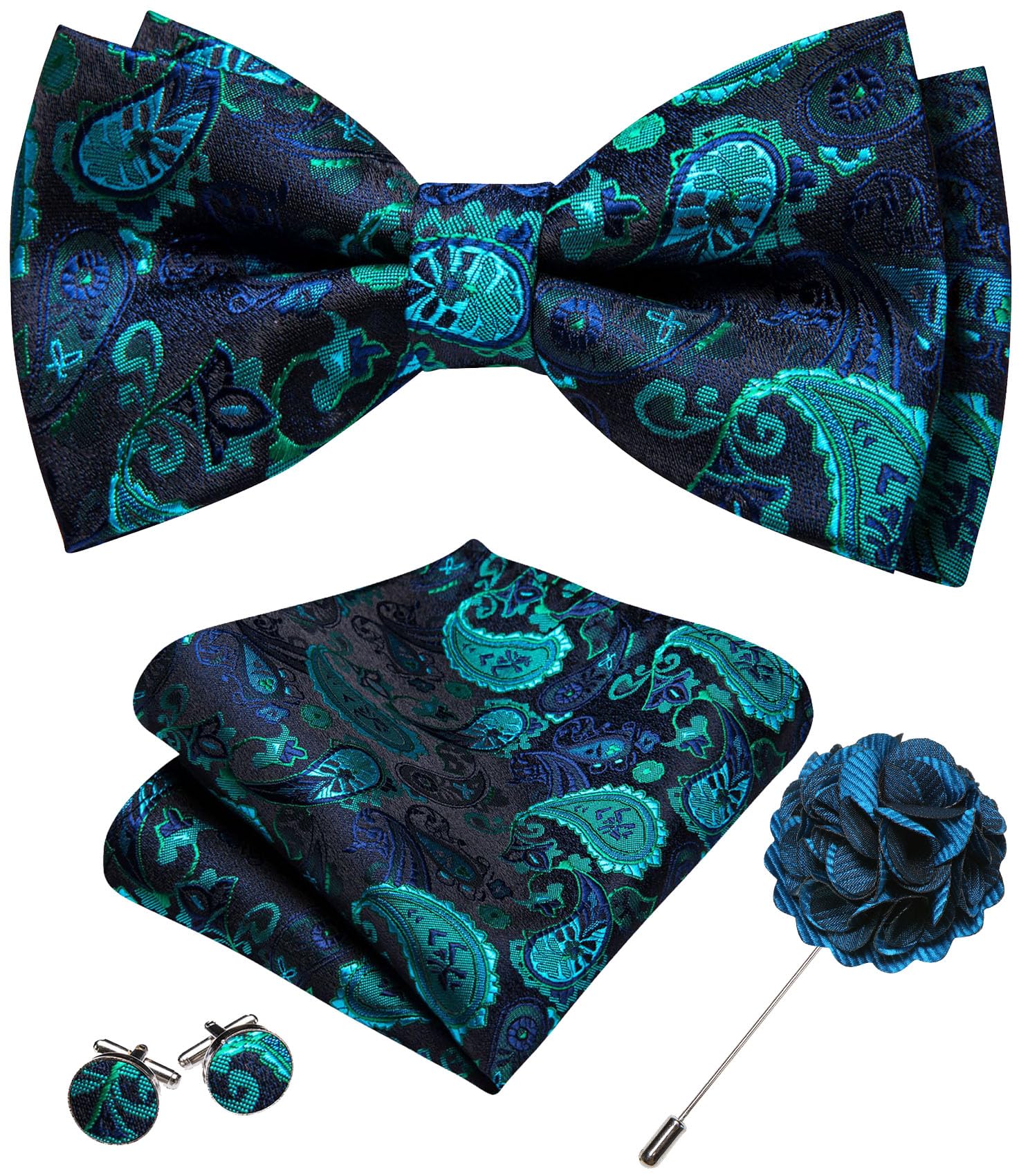 YOHOWA Mens Bow Tie Paisley Coloful Pre-tied Bowties Handkerchief Cufflinks