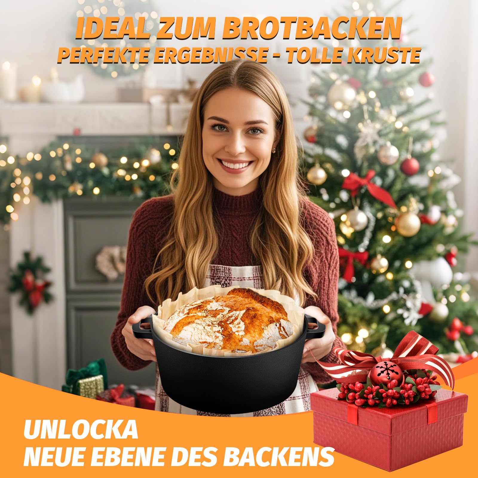 NZQXJXZ Gusseisen Topf Brot Backen Dutch Oven für Brotbacken, 26cm Brotbackform mit Banneton Brot Gärkorb Sauerteig Brotbacken Zubehör, 2-in-1 Brotbacktopf mit Pfanne Deckel Kochen Pan