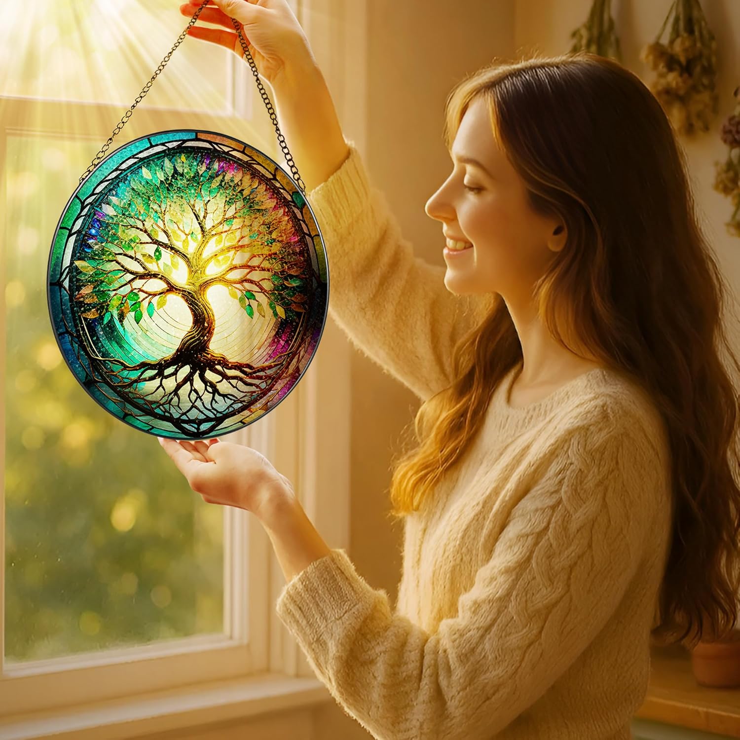 Stained Glass Window Hanging, LAOWEIKI 8'' Tree of Life Suncatcher, Stained Glass Ornament, Suncatchers for Windows Hanging, Window Decor, Outdoor or Indoor, Gifts for Mom, Grandma, Wife, Family - Image 2