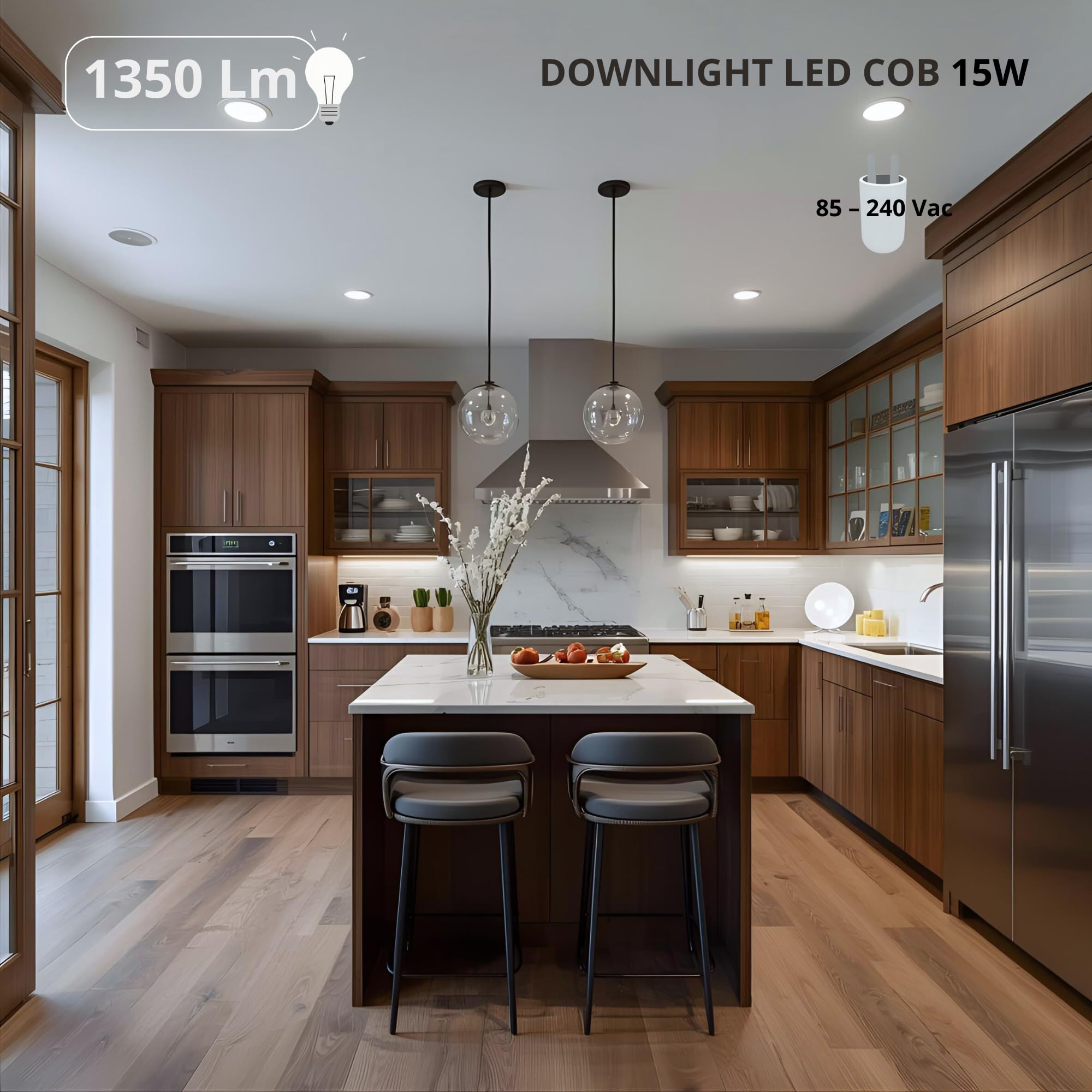 JANDEI – Confezione da 10 Faretti LED COB da Incasso da 15W, 1350 Lumen, Cornice Rotonda Bianca 160x55mm (Foro da 130-135mm). IP44 Ideale Cucina, Bagno - Luce fredda 6000K