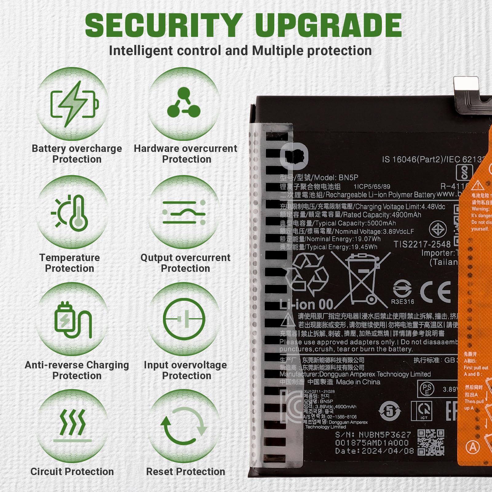 Nuevo Batería de repuesto BN5P compatible con Redmi Note 13 4G/5G Batería de repuesto con kit de herramientas de reparación actualizado