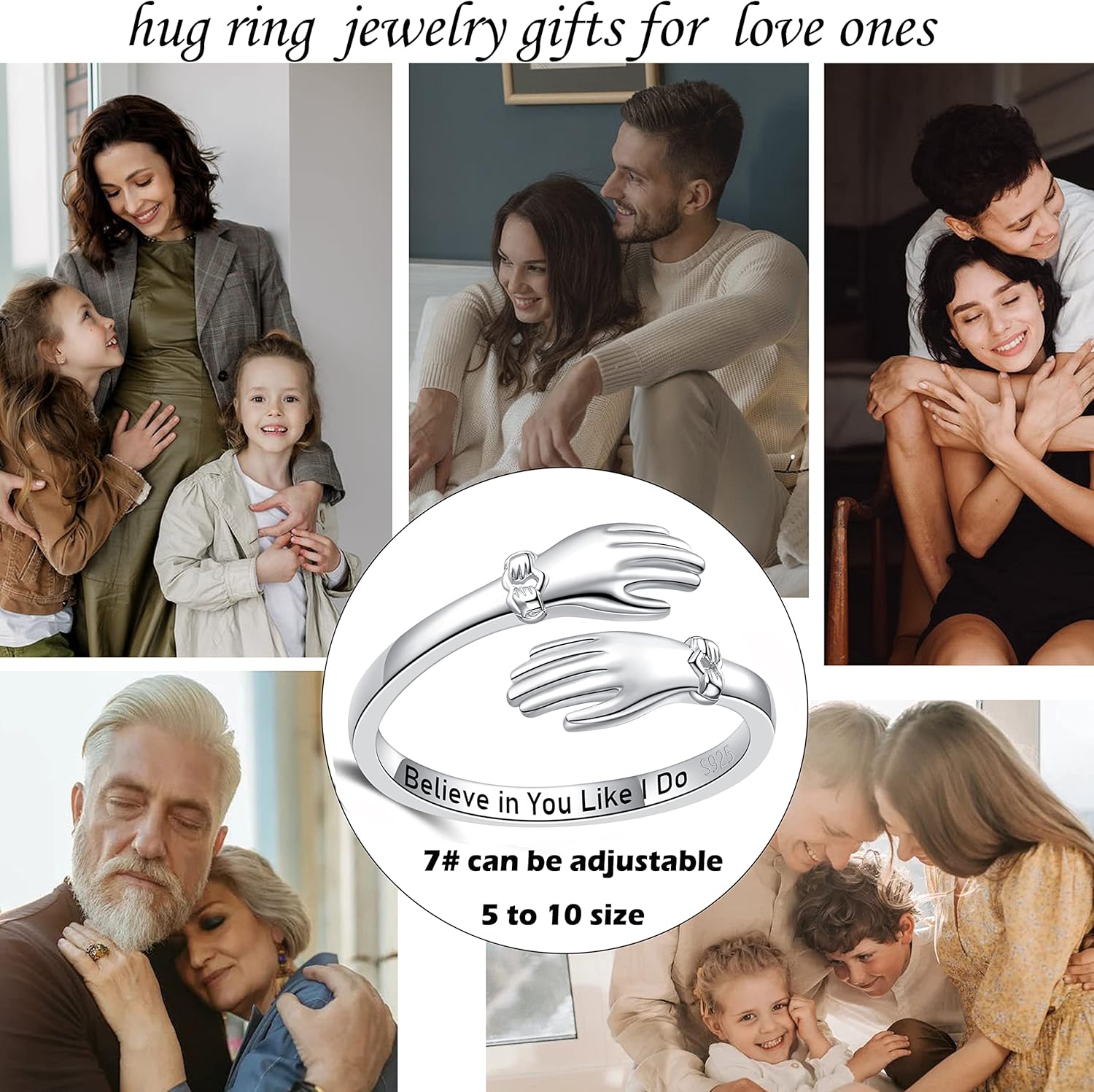 ZOEXUE S925 Sterling Silver Hug Rings for Women Adjustable Hugging Hands Ring with Gift Box & Card Hugs Thumb Band Jewelry Birthday Gifts for Granddaughter Daughter Mom Sister Friends - Image 2