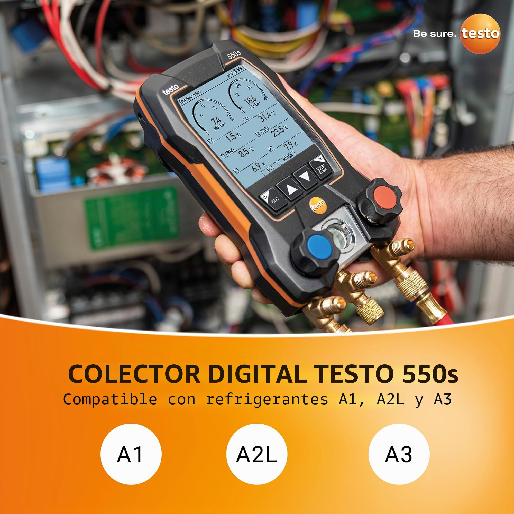 Juego de manómetros de colector AC Testo 550s – Manómetros HVAC y de refrigeración – Incl. 2 sondas de abrazadera de temperatura con cable – Kit de recarga de AC con sobrecalentamiento